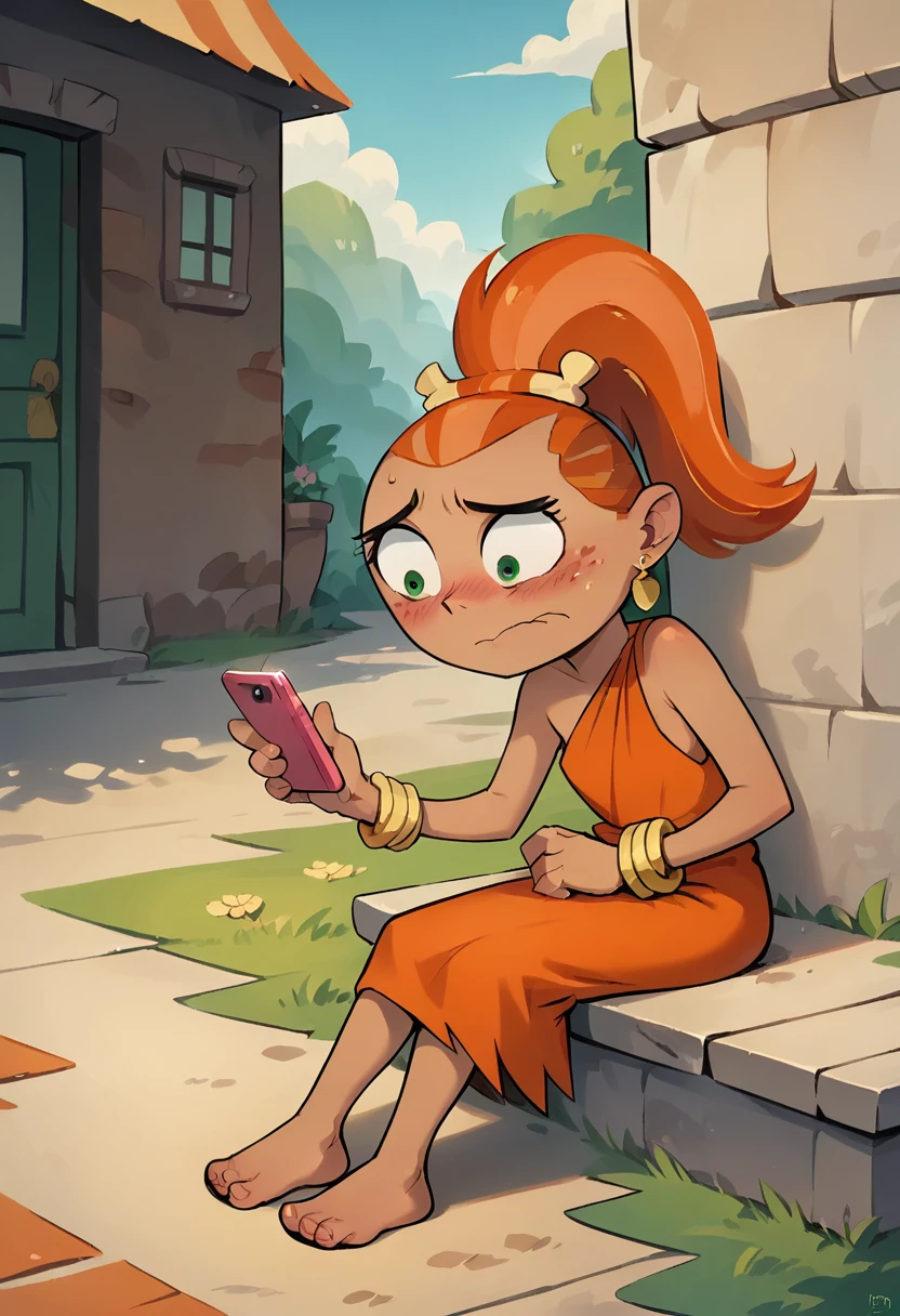 score_9, score_8_up, score_7_up, masterpiece,  1girl, ctianf4ng, earrings, bracelet, orange dress, outdoors, sitting, blush, nervous, phone, <lora:fang_barbarian_pony_ct:1>