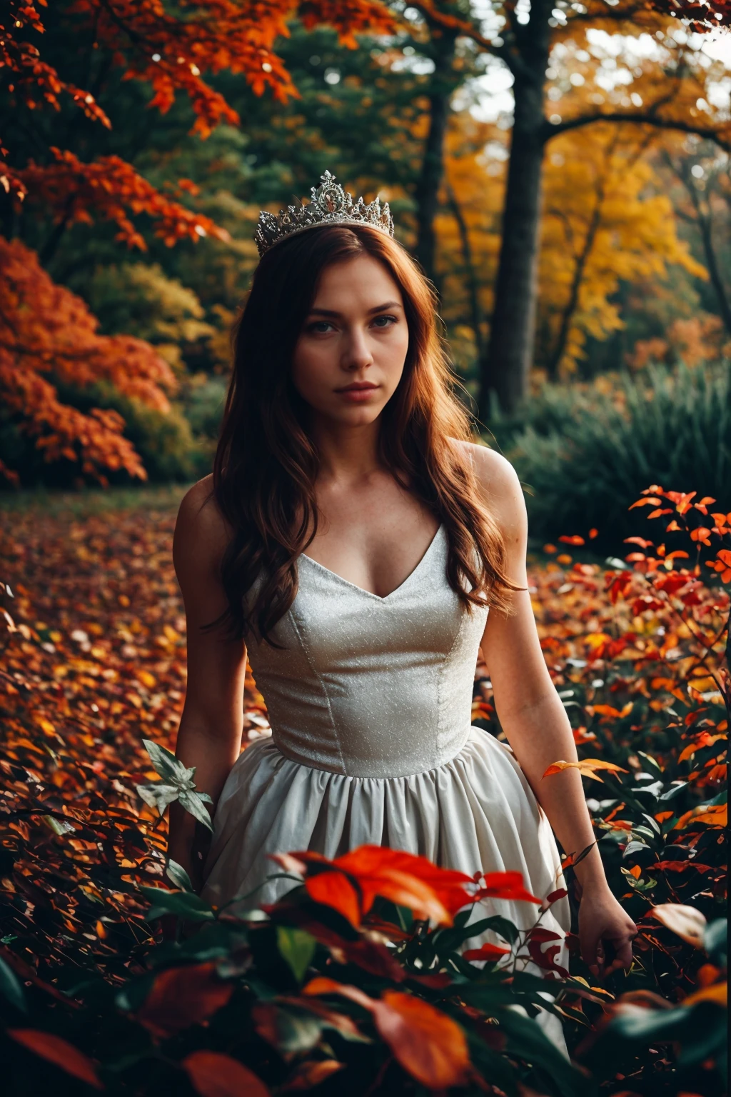 cinematic photo of an orange haired warrior woman, princess dress with tiara
BREAK
Whirling Leaves: A forest landscape during the fall season, with leaves swirling in the air. The dynamic movement of the leaves adds energy and vitality to the scene.
BREAK
<lora:[VG]_-_Tyris_Flare_v2:1>, RAW candid cinema, 16mm, color graded portra 400 film, remarkable color, ultra realistic, textured skin, remarkable detailed pupils, realistic dull skin noise, visible skin detail, skin fuzz, dry skin, shot with cinematic camera