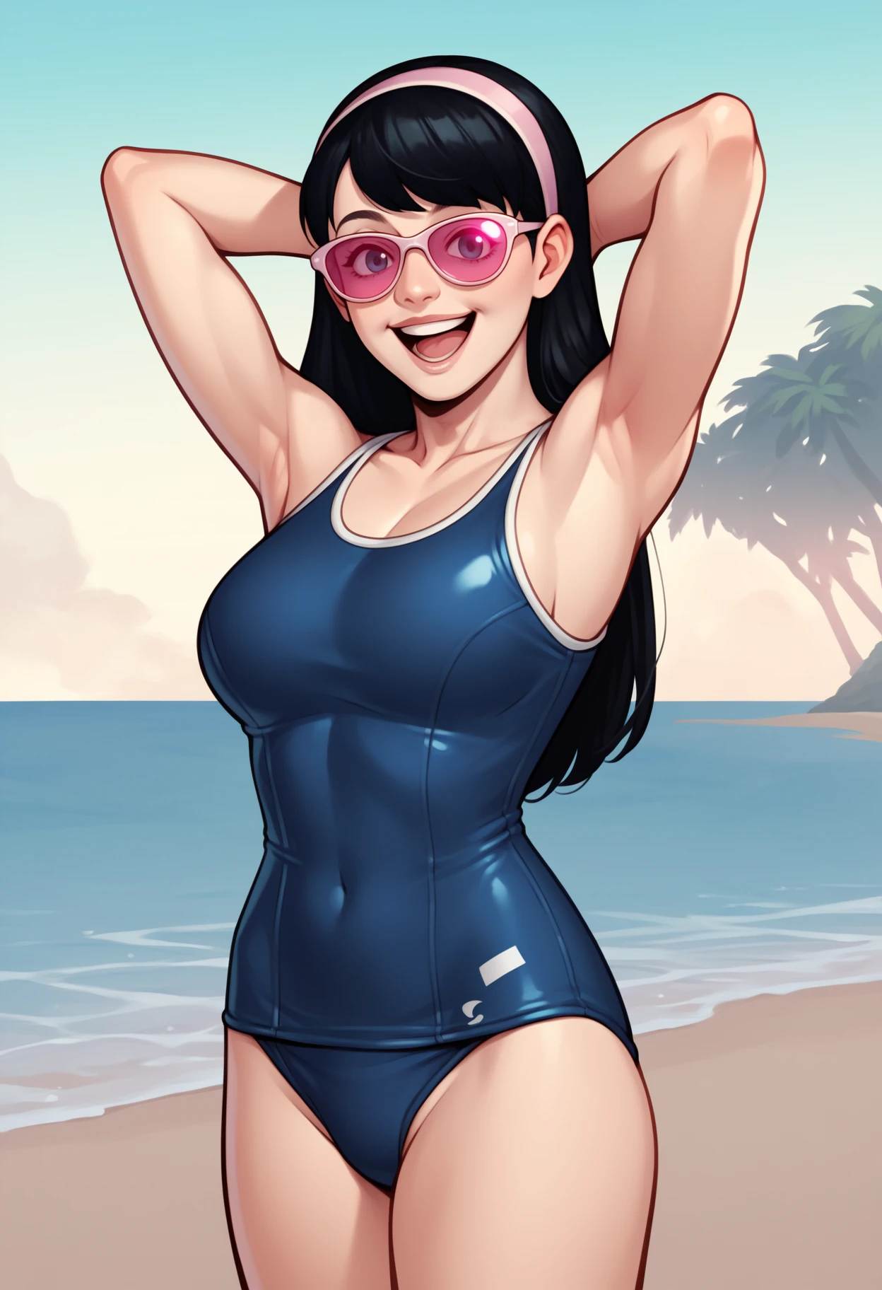 score_9, score_8_up, score_7_up, score_6_up, score_5_up, score_4_up, BREAK,
1girl, katebishop, black hair, long hair, pink tinted sunglasses, hairband,
school swimsuit, hands behind head, one-piece swimsuit, large breasts,
open mouth, smile, happy, solo, looking at viewer, sea, sand, blue sky, tropical island background   <lora:KateBishopXL:1>