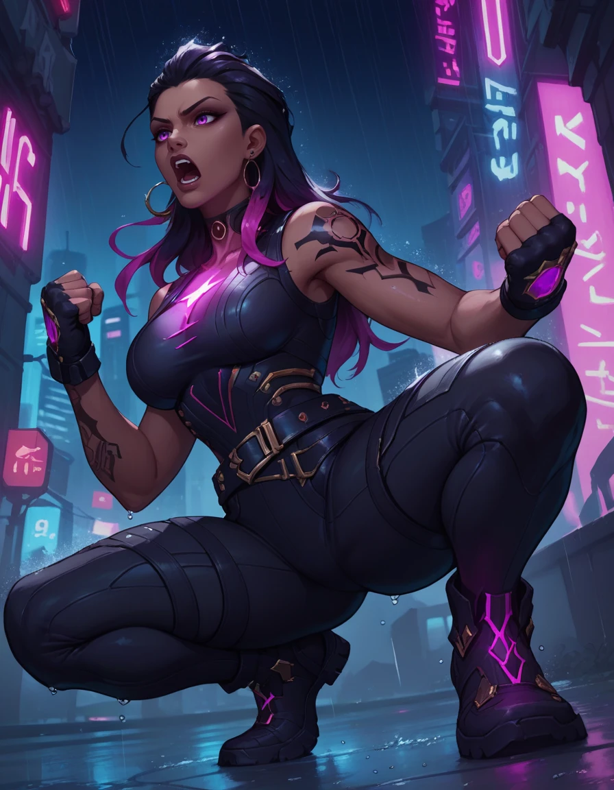 score_9, score_8_up, score_7_up,score_6_up, score_5_up, score_4_up , 1girl, solo, 
large breasts,
ReynaDG,
dark-skinned female, two-tone hair, long hair, purple hair, purple eyes, black hair, hair slicked back,
black bodysuit, black gloves, arm tattoo, glowing,belt,fingerless gloves, 
science fiction, neon lights, city, light particles, night,  rain, wet,
from below, 
open mouth,
squatting, from side, fighting stance, clenched hands, 
 <lora:Reyna_PDXL-v01-000002:1>