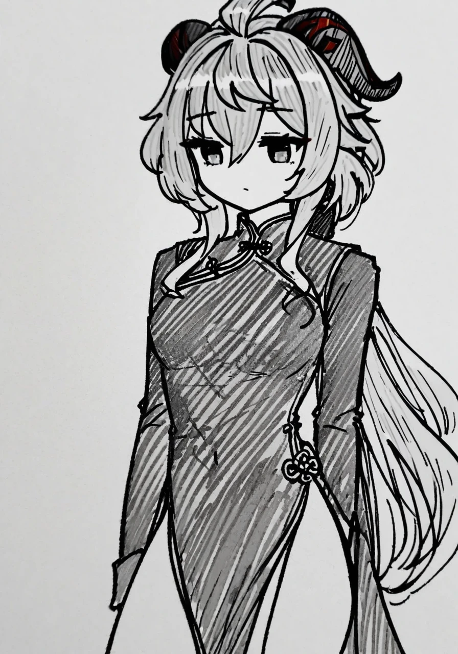 score_9, score_8_up, score_7_up, source_anime, <lora:traditional_slider_v1_NEGWEIGHT:-0.8>, female, white background, (chinese dress:1.1), hands behind back, pantyhose, medium breasts,