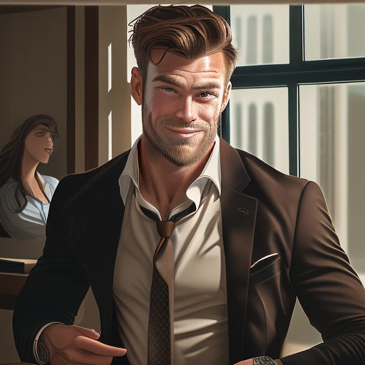 window, jewelry, beard, watch, necktie, shirt, jacket, 1girl, collared shirt, brown hair