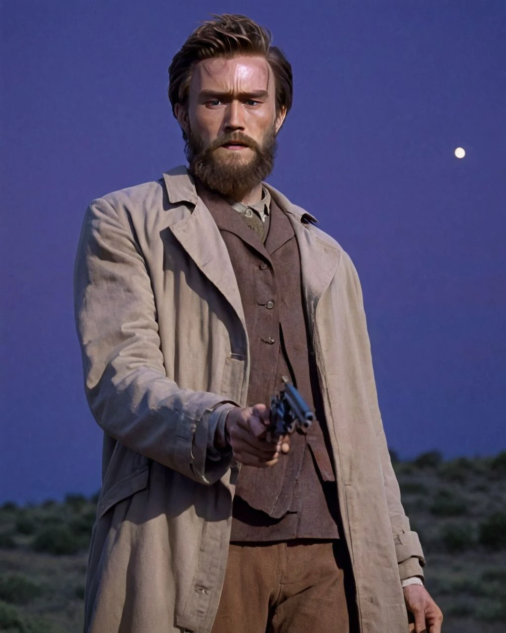 <lora:nedkelly_e10_r4_xl:0.8>,
nedkelly, a man robbing a bank, bank robber, revolver in hand, wearing trench coat, slick back hair, beard, (heath ledger:0.8), lit by moonlight, 19th century australia, vibrant colors, movie,kelly gang,