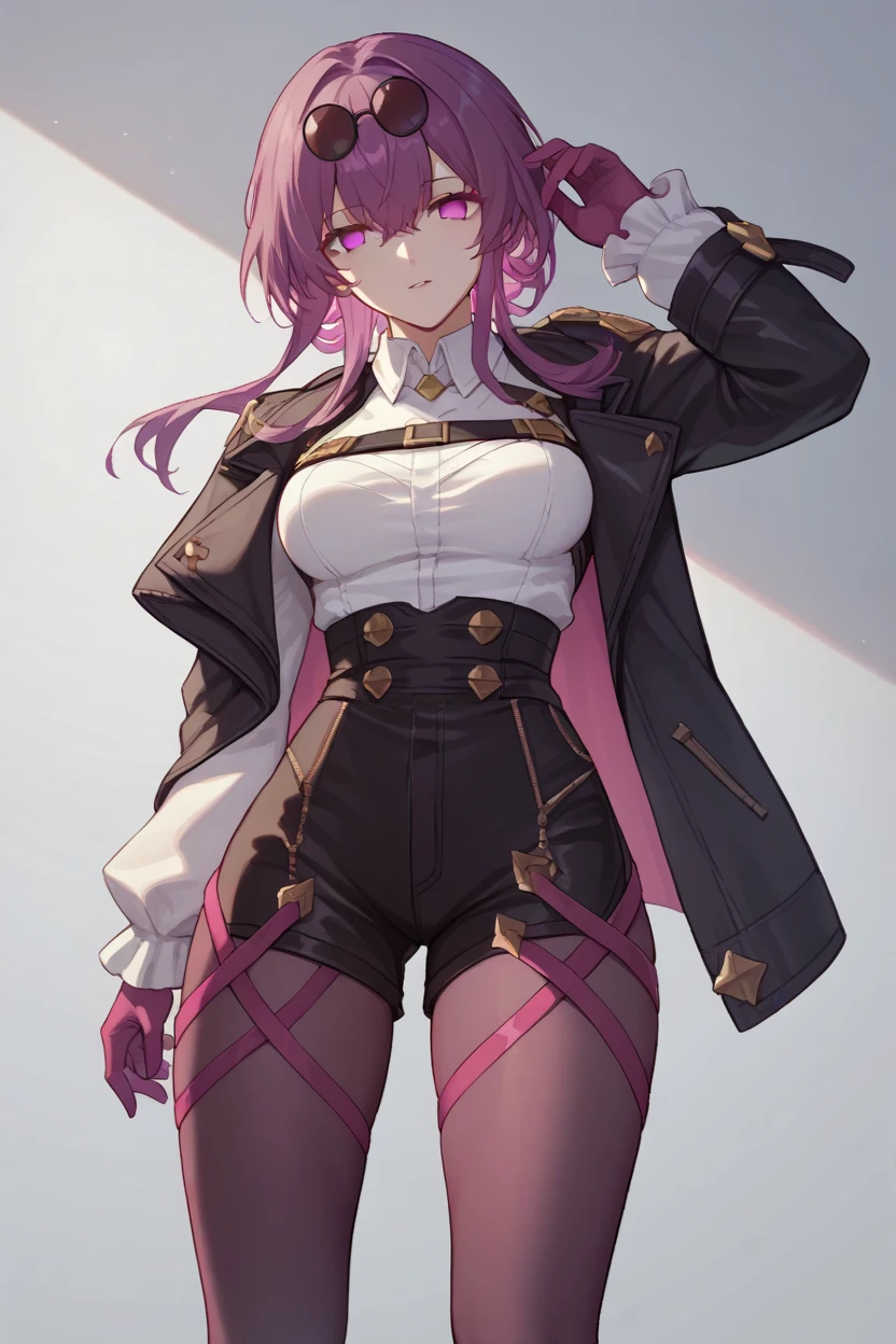 score_9,score_8_up,score_7_up,source_anime BREAK <lora:kafka-hsr-isek-richytags-v1_pdxl:1>,1girl,solo,purple eyes,no pupils,purple hair,eyewear on head,white shirt,long white sleeves,long sleeves,purple gloves,black jacket,jacket on shoulders,breasts,black shorts,high-waist shorts,high heel boots,purple thigh straps,pantyhose,