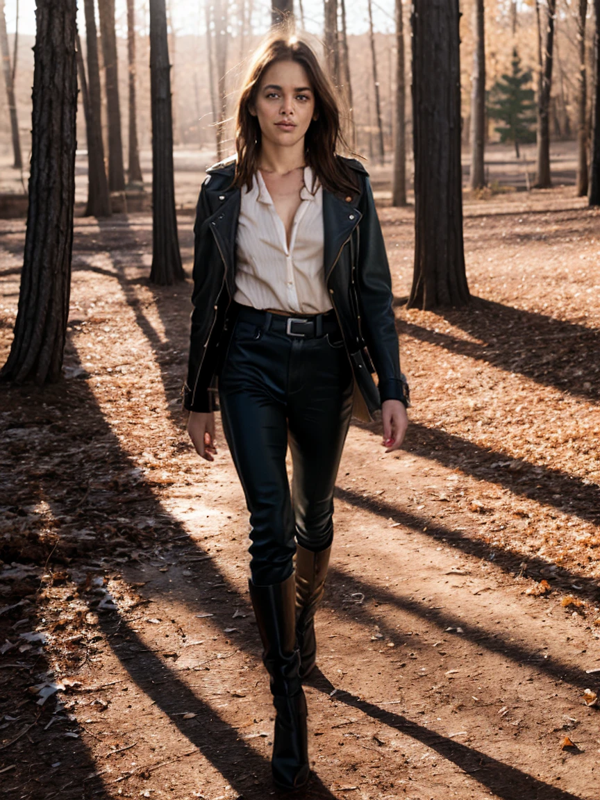 RAW photo,   tv_Michelle_Lovelace_MXAI
BREAK
walking through the woods, wearing a leather duster, wearing leather pants, wearing a white shirt, wearing black boots, walking towards the camera, golden hour, god rays 
BREAK, (((Ultra-HD-details, Ultra-HD-detailed, Ultra-HD-realistic, Ultra-HD-photo-same-realistic-quality-details))), 8k uhd, dslr, soft lighting, high quality, film grain, Fujifilm XT3