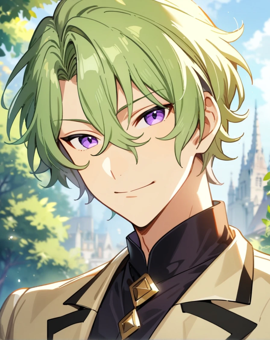 1boy, solo, male only, male focus, portrait, upper body, <lora:hiyori_tomoe_sdxl_lora:1>, (tomoe hiyori, green hair, short hair, hair between eyes, bangs, purple eyes), suit, dress pants, outdoors, looking at viewer, masterpiece, best quality, very aesthetic, absurdres, very detailed, sensitive, <lora:Lightning-8:0.5>