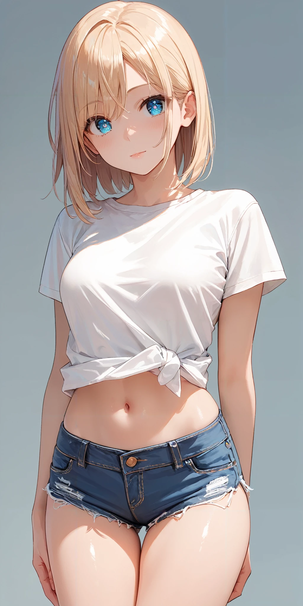 score_9, score_8_up, score_7_up,source_anime, high res image,masterpiece,best quality,girl,cute face,clear skin,shiny hair,ultra detailed eyes,simple background, <lora:hotpants_pony_V1.0:0.6> hotpants,white shirt,denim