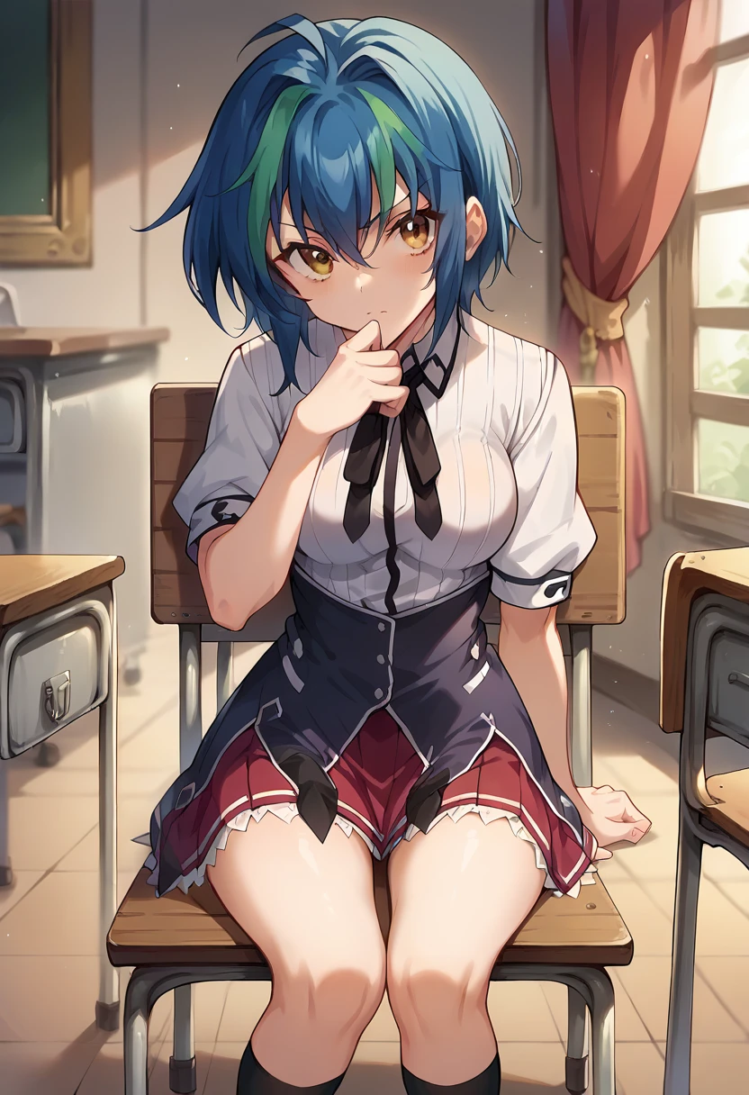 Rei Ayanami, blue hair, teen, , topless, medium breasts, green short skirt, socks negras, spread legs, showing pussy, under skirt, black shoes, SMILE, perfect body, perfect legs, perfect arms, pose sexy, Classroom, sitting at table, face looking at viewer