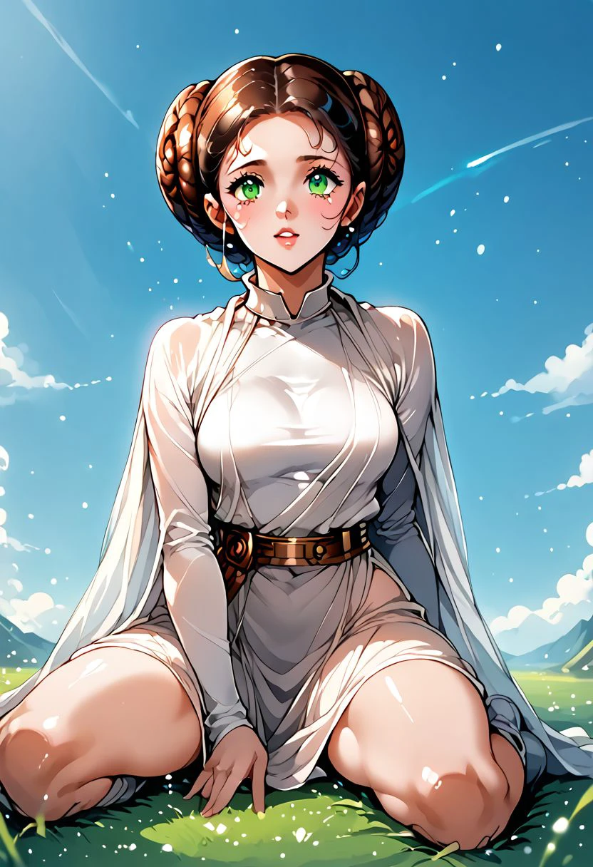 source_anime, ((score_9)),score_8_up,score_7_up,score_6_up,score_5_up,score_4_up, rating_PG-13, masterpiece, absurdres, BREAK, 1woman, Princess Leia, green eyes, princess_leia_organa_solo, short hair, hair bun, white dress, white clothing, side_slit, white boots, bare legs, Princess_Leia_Organa  outdoors, grassy, blue sky, science_fiction, depth of field, light particles,