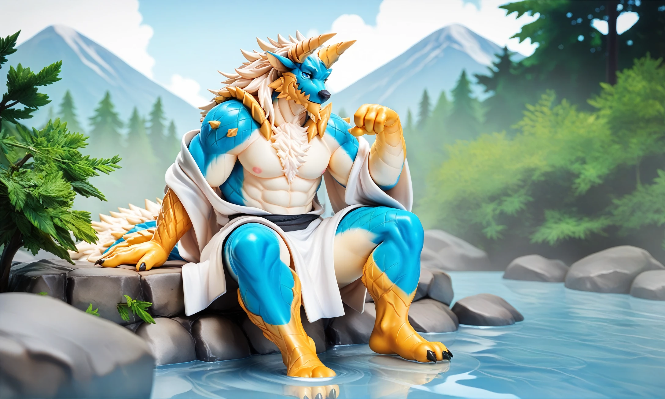 score_9,score_8_up,score_7_up,score_6_up,score_5_up,score_4_up,high quality,
zinogre,solo,anthro,male,japanese_clothes,Look at the audience,sitting in water,smile,hot spring,blue eyes,blue body,white furry,yellow hand,white boy,yellow feet,blue face,4 toes,tails,horns,<lora:Zinogre_XL_Pony_4-000009:1>,