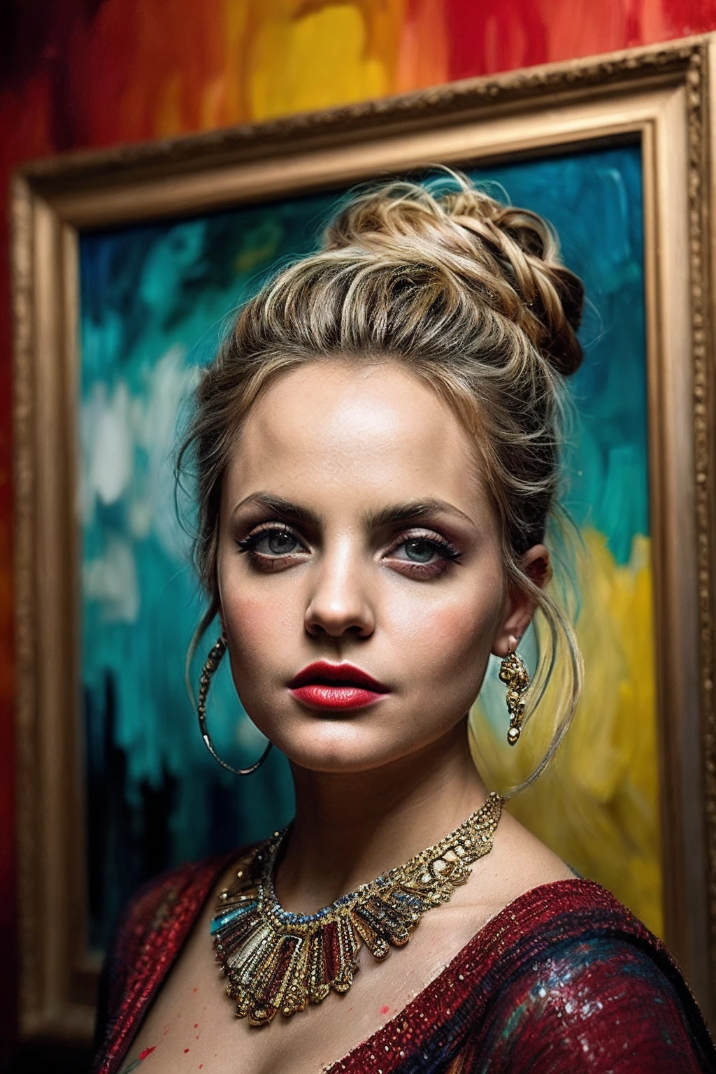 MenaS_SoloTI_v1,
Vibrant and expressive attire, capturing the essence of Van Gogh's brushstrokes, bold and dynamic pose, close-up shot, (digital, vivid and textured colors, brushstroke effect), (Artistic Studio, Creative space with paint-splattered walls, easels, and a sense of artistic inspiration), intense and soulful eyes, a hint of mystery and depth in the expression, artistic and vibrant lips, (captivating gaze: 1.1), unique and artistic accessories, (expressive shot: 1.3), (dramatic and directional lighting, highlighting the features and adding depth to the portrait in a style reminiscent of Van Gogh's artistic vision), 
<lora:add_detail:0.8>,