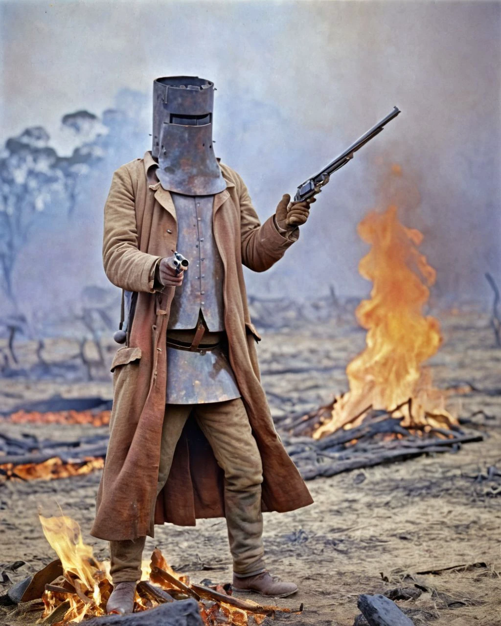 <lora:nedkelly_e10_r4_xl:0.8>,
nedkelly, a man in a battlefield, wearing trench coat, helmet, makeshift armor, lit by fire, 19th century australia, holding revolver, from side, vibrant colors, professional photography,