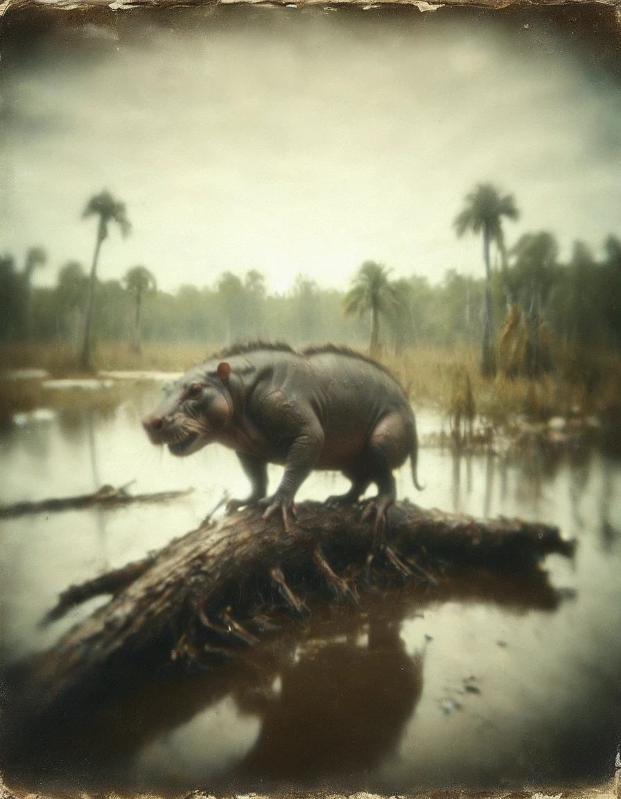 a chimera rat-lion-hippo creature monstronsity on a fallen log in a Florida swamp