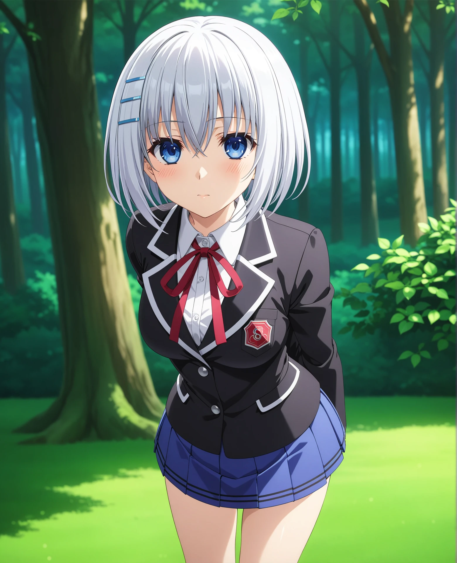 score_9, score_8_up, score_7_up, BREAK source_anime, best quality, masterpiece, (masterpiece, best quality, very aesthetic, ultra detailed), intricate details, official style, anime, 2d,
aiorigamischool, 1girl, solo, blush, white hair, grey hair, short hair, bangs, blue eyes, hair between eyes, tobiichi origami, hairclip, 
breasts, medium breasts, skirt, shirt, long sleeves, ribbon, school uniform, jacket, white shirt, pleated skirt, collared shirt, red ribbon, blue skirt, black jacket, dress shirt, neck ribbon, blazer,
cowboy shot, looking at viewer, outdoors, arms behind back, forest, <lora:Origami_XL:1>, <lora:add_details_xl:0.5>,