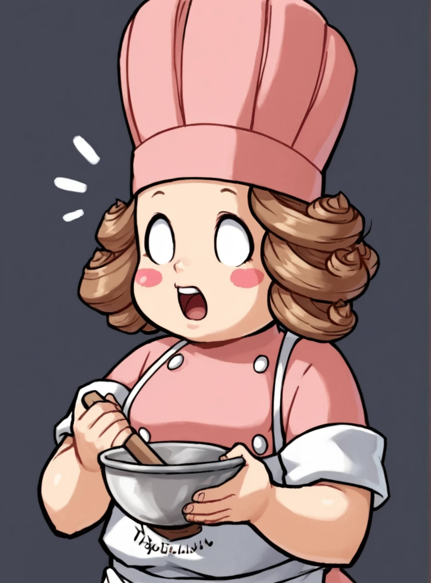 score_9, score_8_up, score_7_up, score_6_up, score_5_up, score_4_up , source_anime,  <lora:delicia:0.8>deliciascones, solo, hat, 1girl, chef hat, apron, brown hair, pink headwear, blush stickers curly hair,  upper body surprised,  white_eyes, empty eyes,