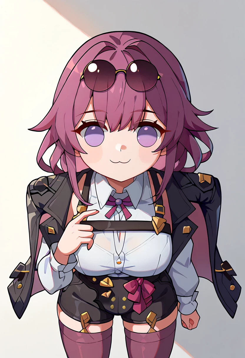 score_9, score_8_up, score_7_up,
<lora:HonkaiStarRail_KafkaXL:0.8>, KafkaHSR,
1girl, closed mouth, light smile,
purple hair, sidelocks, purple eyes, tinted eyewear, eyewear on head, no pupils, doro,
jacket on shoulders, white shirt, high-waist shorts, pantyhose under shorts, harness, purple thighhighs,
looking at viewer,
simple background, white background, <lora:Doro_X_PDXL_V1:1>