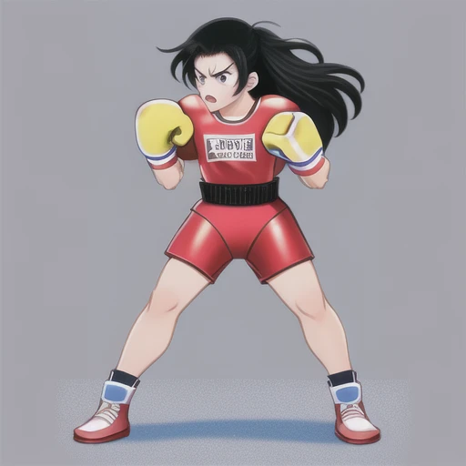 JS_GameCharacterKit,1girl,standing,side view,(full body:1.2),(boxing clothes, boxing gloves:1.2),simple white background,black hair,angry,legs wide apart, <lora:JS_GameCharacterKit_FightPoseType1:0.79>