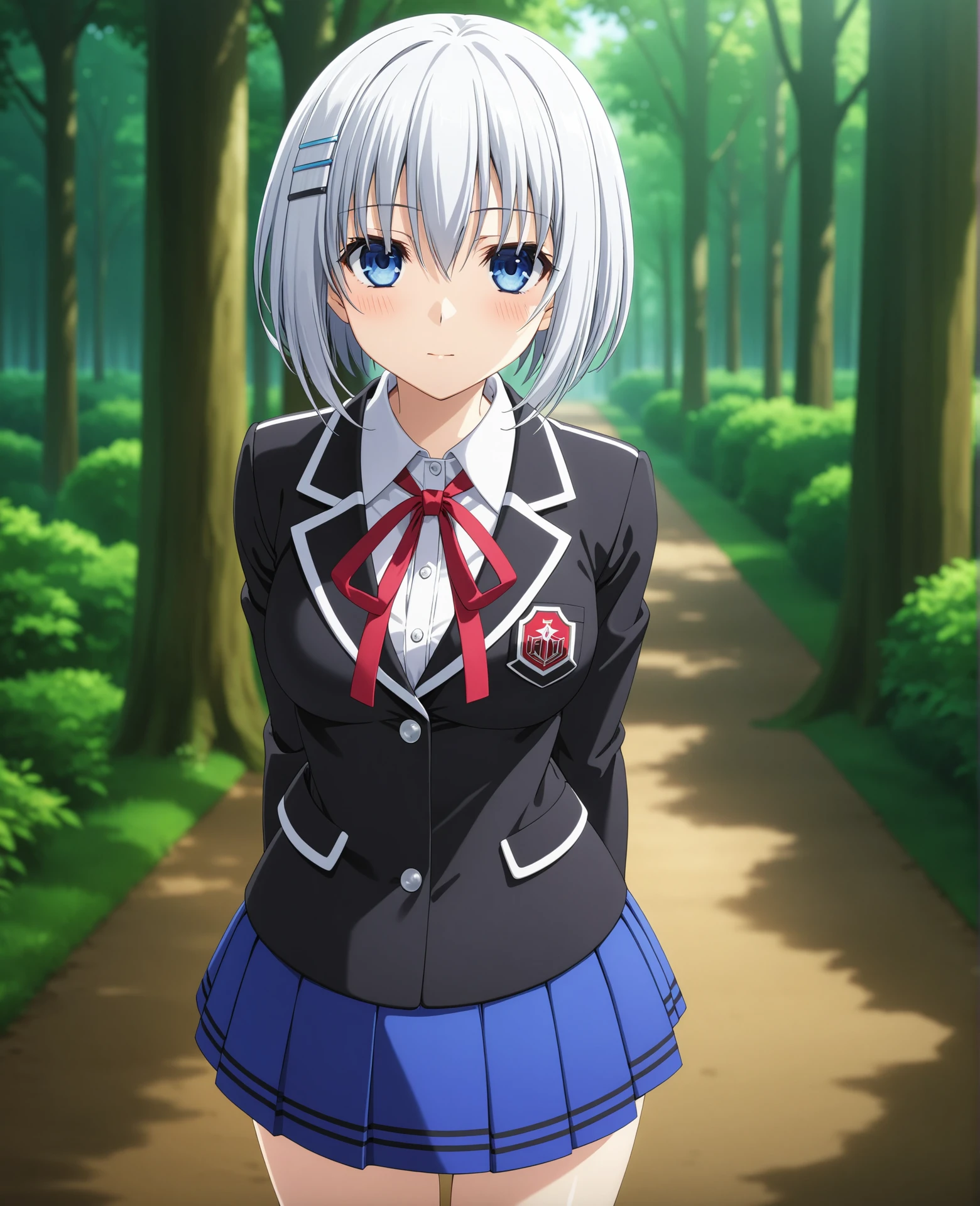 score_9, score_8_up, score_7_up, BREAK source_anime, best quality, masterpiece, (masterpiece, best quality, very aesthetic, ultra detailed), intricate details, official style, anime, 2d,
aiorigamischool, 1girl, solo, blush, white hair, grey hair, short hair, bangs, blue eyes, hair between eyes, tobiichi origami, hairclip, 
breasts, medium breasts, skirt, shirt, long sleeves, ribbon, school uniform, jacket, white shirt, pleated skirt, collared shirt, red ribbon, blue skirt, black jacket, dress shirt, neck ribbon, blazer,
cowboy shot, looking at viewer, outdoors, arms behind back, forest, <lora:Origami_XL:1>, <lora:add_details_xl:0.5>,