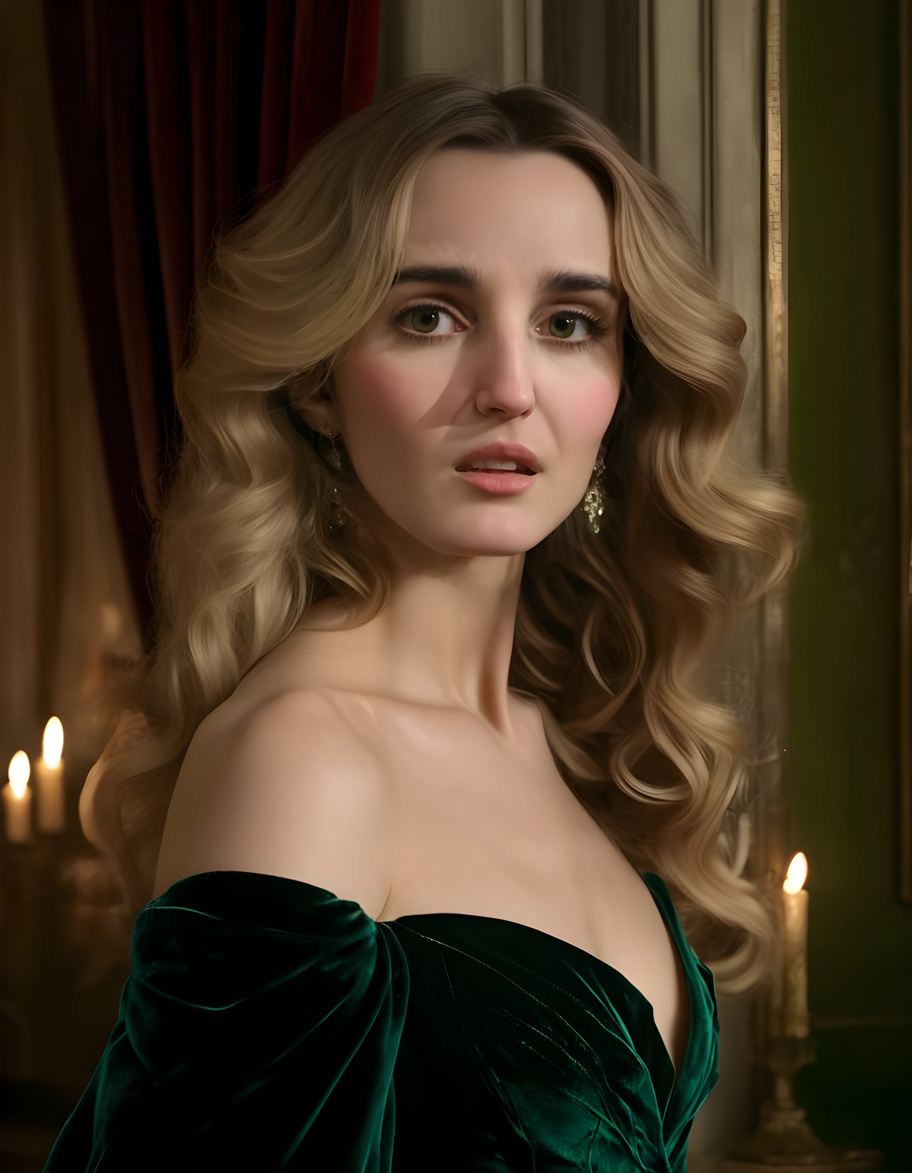 A captivating close-up image, set against the backdrop of a dimly lit, vintage Parisian apartment adorned with antique mirrors and velvet drapes. The enigmatic CF1n3M, her long, wavy blonde hair cascading down her shoulders, wears an exquisite, emerald green Victorian gown, its layers billowing softly as she turns towards the camera in a sultry pose, her deep brown eyes brimming with a mysterious allure that is both inviting and slightly haunting, the soft glow of a single candle casting dramatic shadows across her delicate features and the rich fabric of her dress, creating an atmosphere of romantic intrigue.