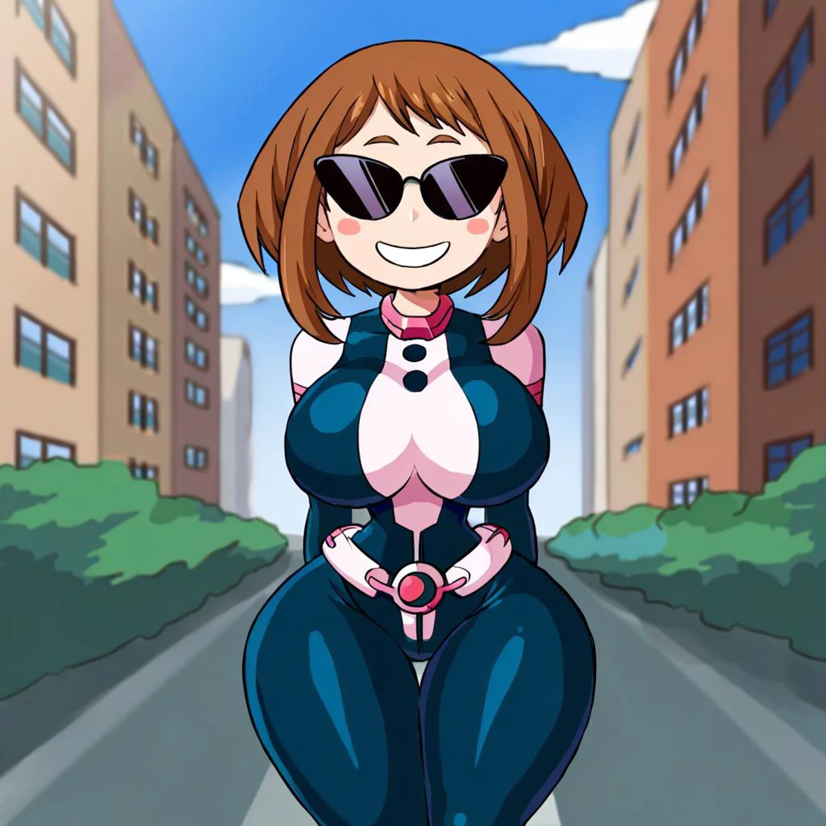 score 10, score 9, score 8 up, score 7 up, 1girl, sunglasses, huge breasts, wide hips, Sunnification, ochako uraraka, brown hair, short hair, blush, blush stickers, bodysuit, skin tight, superhero, hands behind back, outdoors, city, round head, simple face, smile, narrow waist,