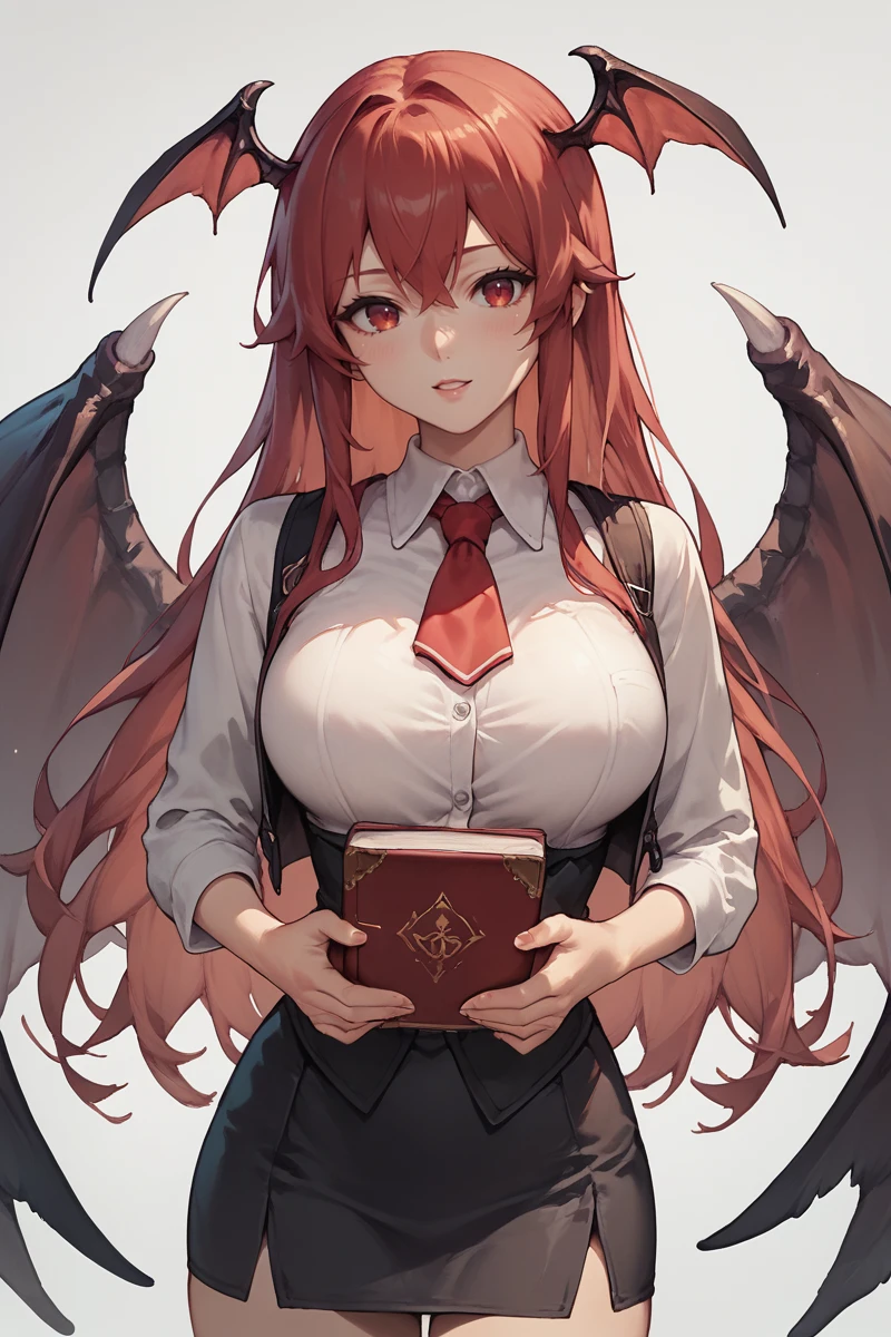 score_9, score_8_up, score_8, score_9, 1 girl,  source_anime,  <lora:koakuma_pony-10:1>, koakuma, red hair red eyes, wings, head wings, black vest, black skirt, white shirt, red tie, sexy, large breasts, straight hair, large breasts, holding book,   <lora:Concept Art Eclipse Style LoRA_Pony XL v6:0.8>