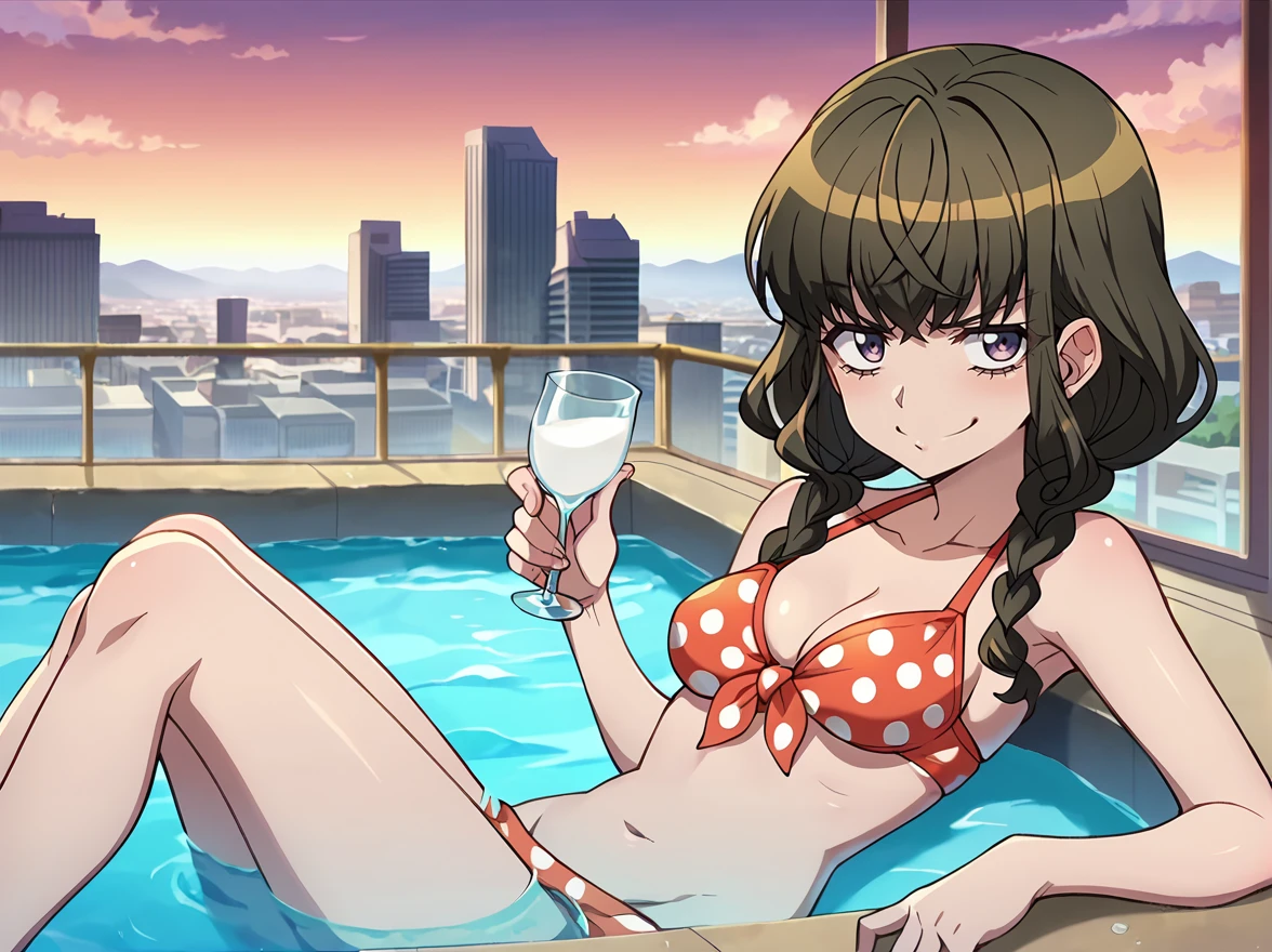 score_9, score_8_up, score_7_up, score_6_up,, score_5_up, BREAK, source_anime,, anime screencap, prelati ,smirk, polka dot bikini, relaxing, holding glass of milk, wine glass, leaning back, partially submerged, (illuminated onsen:1),pool, (cityscape:1.2), rooftop, <lora:Prelati-Base:1>