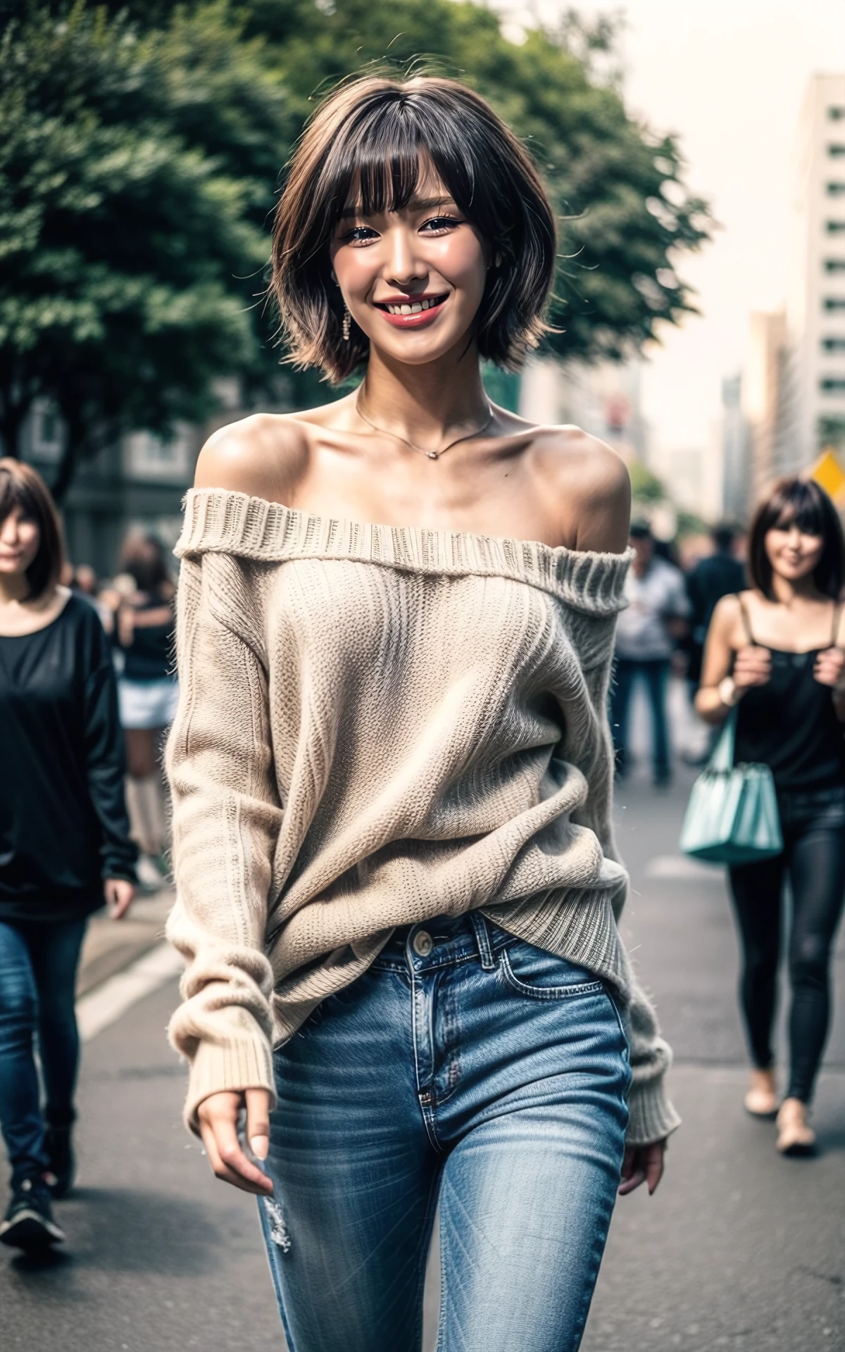 (short hair:1.2) (smiling:1.2), (fullbody:1.2),  (realistic), (hyperrealism), (photorealistic:1.4), 1girl,  looking at the viewer, eye makeup, detailed eyes, detailed face, (upper body:1.2), detailed background, walking at the streets, sunset, (windy:1.2)  z1pp3rsw3at3r,, sleeves past wrists, zipper sweater, Denim jeans <lora:more_details:1>  <lora:zoom_slider_v1:-2>   <lora:Wendy_V1:1> B_Wendy_V1 1woman <lora:forehead_slider_v2:-2>