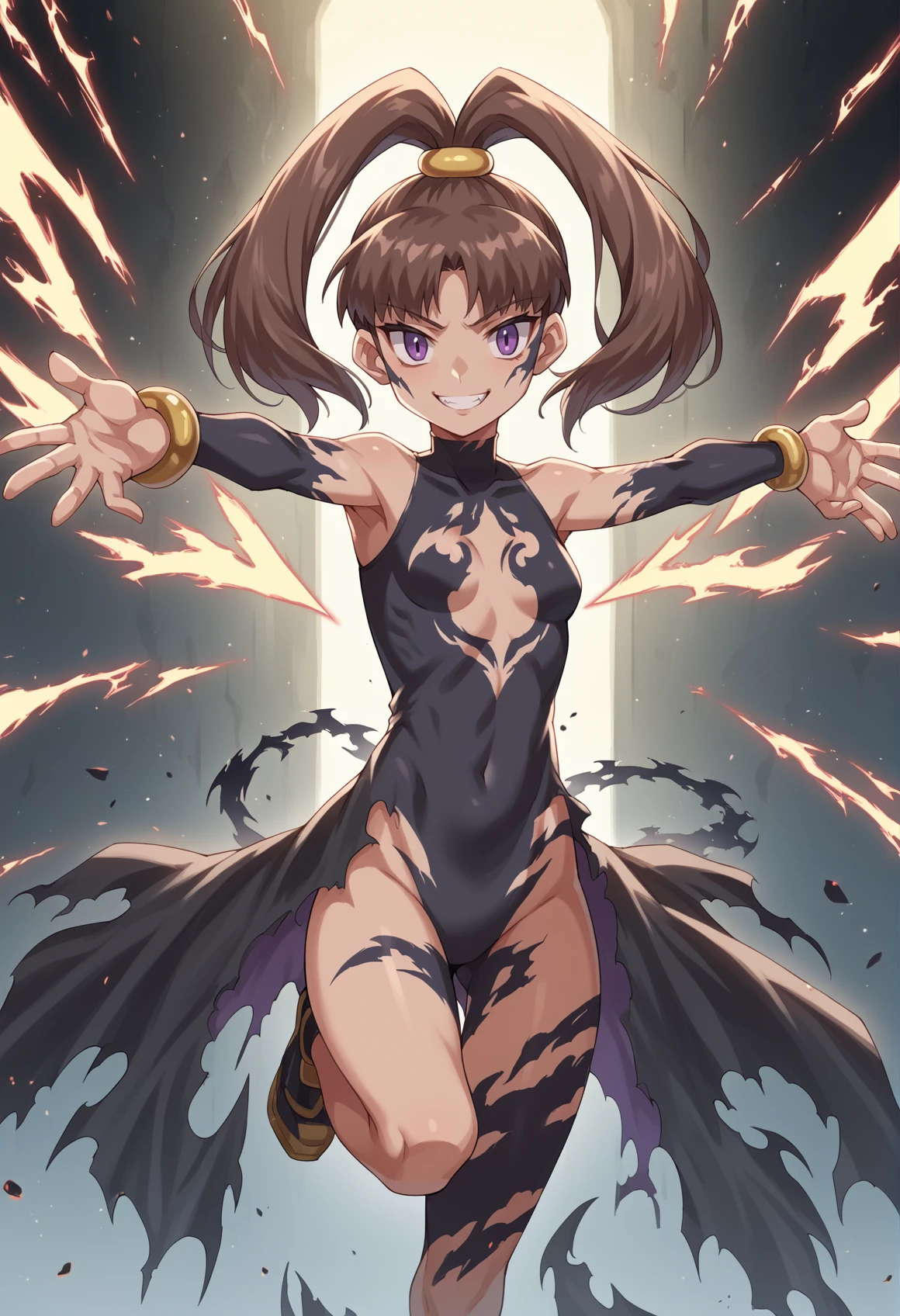 1girl, Brown hair, high ponytail, purple eyes, jewelry, black bodypaint, small breasts, darkness, energy wings, corruption, red eyeball, outstretched arms, evil smile, convenient censoring, hace marking <lora:Nene__Akari_Pony:1>, score_9, score_8_up, score_7_up, score_6_up, score_5_up, score_4_up, BREAK source_anime, masterpiece