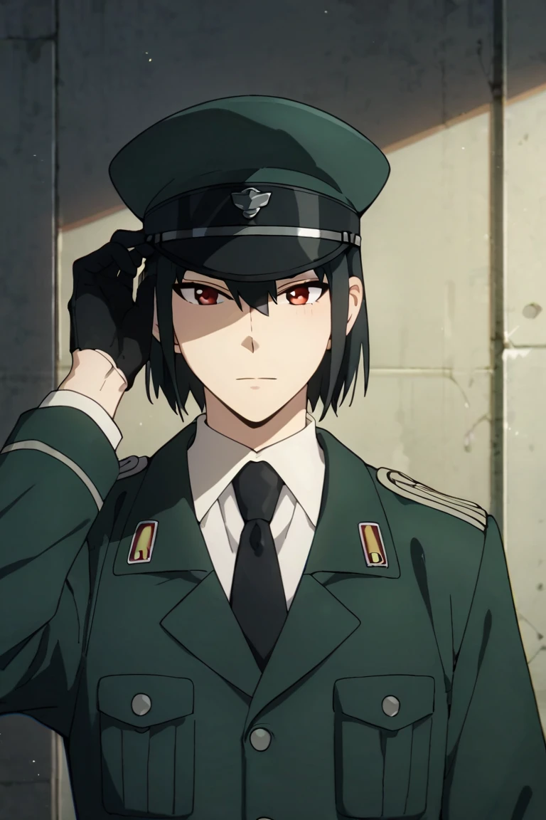 score_9,score_8_up,score_7_up,source_anime,1boy,solo,looking at viewer,Yuri Briar,black hair, red eyes,Military uniform,white shirt,Black necktie,peaked cap, standing, upper body, Adjusting headwear,Hand on headwear,Black gloves<lora:EMS-404388-EMS:0.800000>