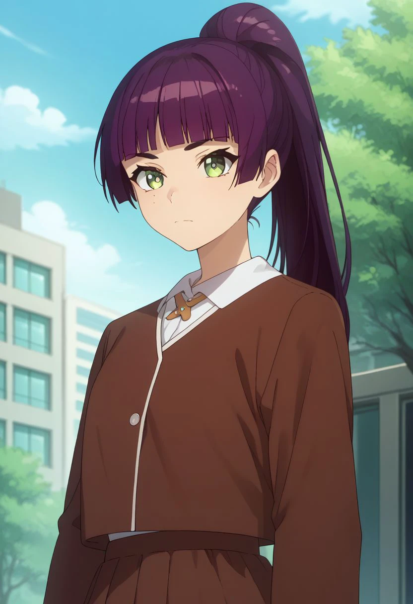 score_9, score_8_up, score_7_up, source_anime, highly detailed, 
kyoko, 1girl, solo, green eyes, purple hair, ponytail, school uniform, long hair, bangs,
outdoors, day, tree, blunt bangs, sky, building, closed mouth, white shirt, brown jacket, mole, mole under eye,