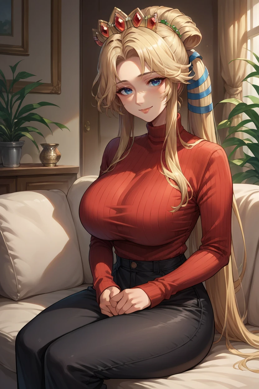 score_9, score_8_up, score_7_up, score_6_up, source_anime, 1girl, solo,  <lora:fenyna-pdxl-nvwls-v1-000005:1>  fenyna, blonde hair, hair ribbon, crown, red sweater, large breasts, black pants, sitting, couch, looking at you, smile, living room