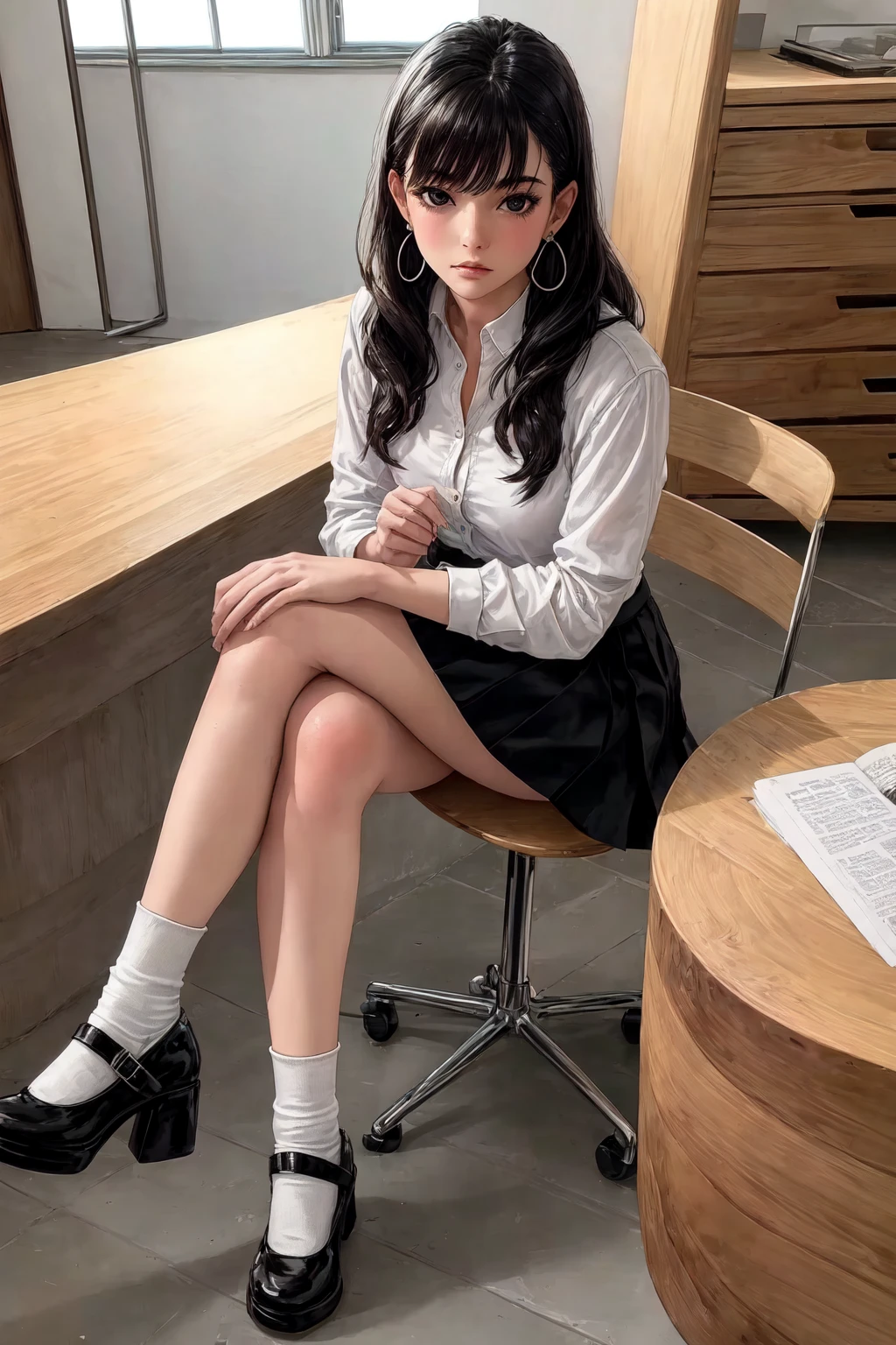 1girl,solo,(masterpiece:1.2),(best quality:1.2),realistic,highly detailed,4K,solo,black eyes,earrings,indoors,black hair,long hair,looking at viewer,<lora:perfect hands:0.4>,indoors,white clothes,sitting,crossed legs,skirt,<lora:mary:0.6>,black footwear,mary janes,socks,white socks,white_shirt,