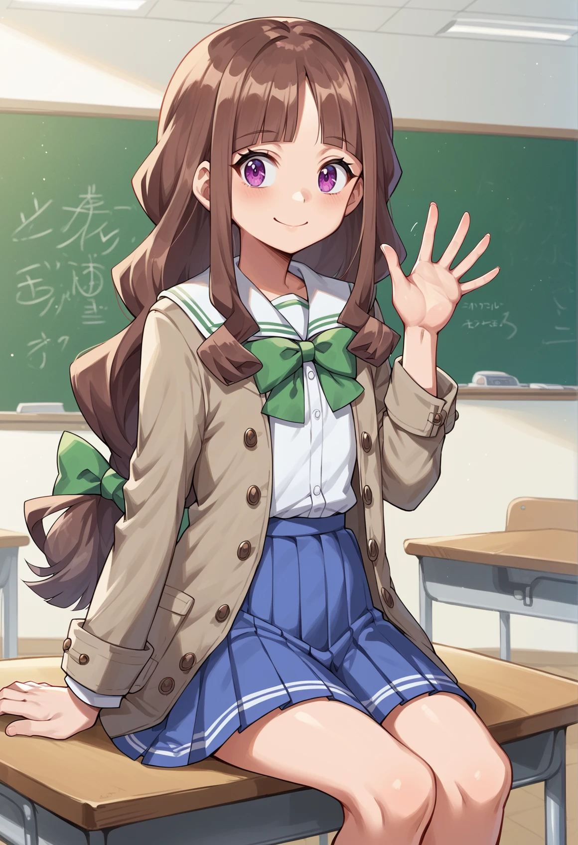 1girl, Brown hair, long hair, sidelocks, Low-Tied Long Hair, purple eyes, school uniform, Brown jacket, green ribbon, pleated skirt, flat chest, sitting, indoors, desk, classroom, waving, smile  <lora:Ruli_DGG_Pony:1>, score_9, score_8_up, score_7_up, score_6_up, score_5_up, score_4_up, BREAK source_anime, masterpiece