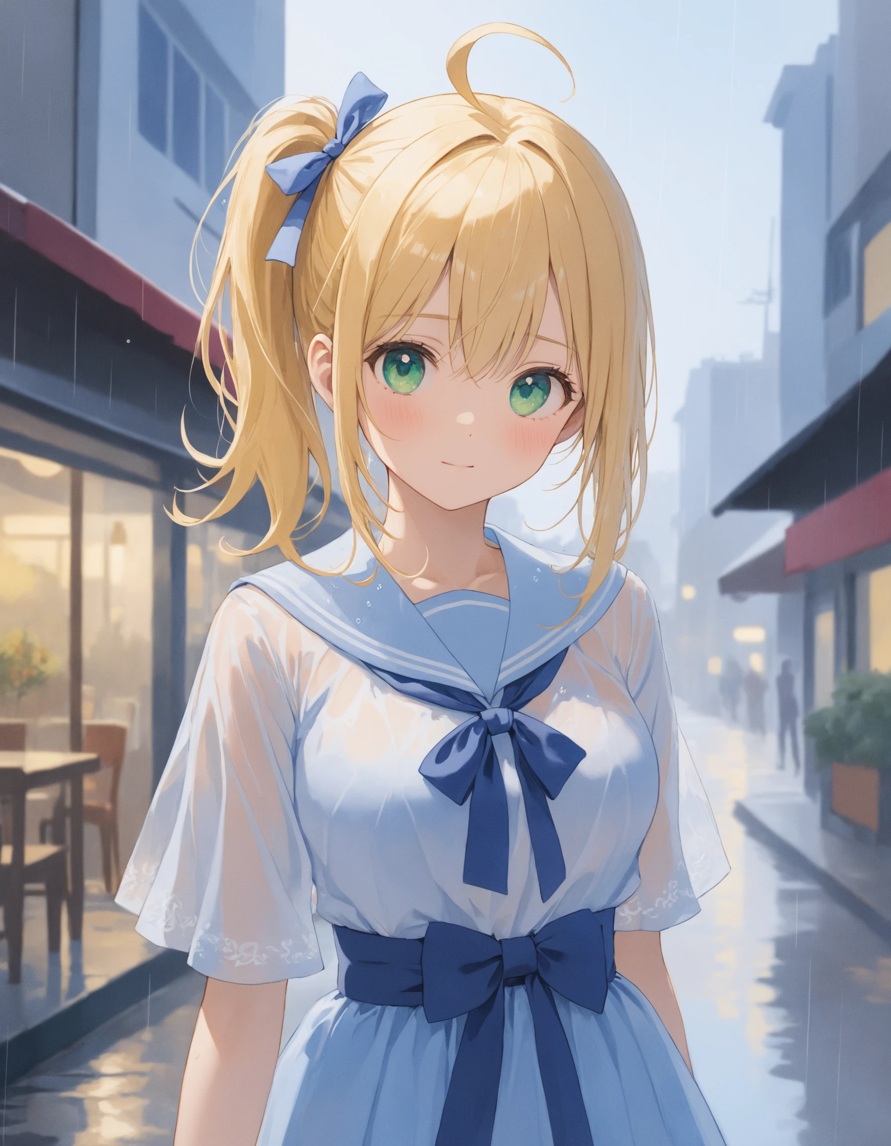SceneOverview: A girl taking shelter from the rain.
SceneDescription:
- Composition: Upper body shot. Cinematic angle.
- Subject: A cute girl.
- Characteristics:
- Face: (Cute round face:1.2).
- Eyes: Detailed green eyes.
- Hair: Medium hair, (side ponytail:1.05), blonde hair, ahoge and hair between eyes.
- Body: Detailed slender body. Large breasts.
- Clothing: White blouse. Pale saxe-blue sailor collar with ribbon. Long flutter sleeves. Layered ruffled long skirt. Ribbon waist.
- Elements: Wet hair. Wet body. Wet dress.
- Expression: Embarrassed expression. Red cheek.
- Posing: (Contrapposto:1.2). (Head tilt:1.1). Looking at viewer.
- Background: Fashionable cafe street.
Time: Daytime.
Weather: Rain.
Condition: Rainy day.
Lighting: (Blue hour light:1.4).
ArtStyle: Watercolor. Traditional media. Blurry. Pale pastel colors.
Quality: Intricate details. Extremely detailed. Outstanding intricacies. (Masterpiece:1.2). (Best quality:1.2). (Absurdres absolutely resolution:1.4).
Mood: Pastel atmosphere.
<lora:flat_sdxl:0.2>