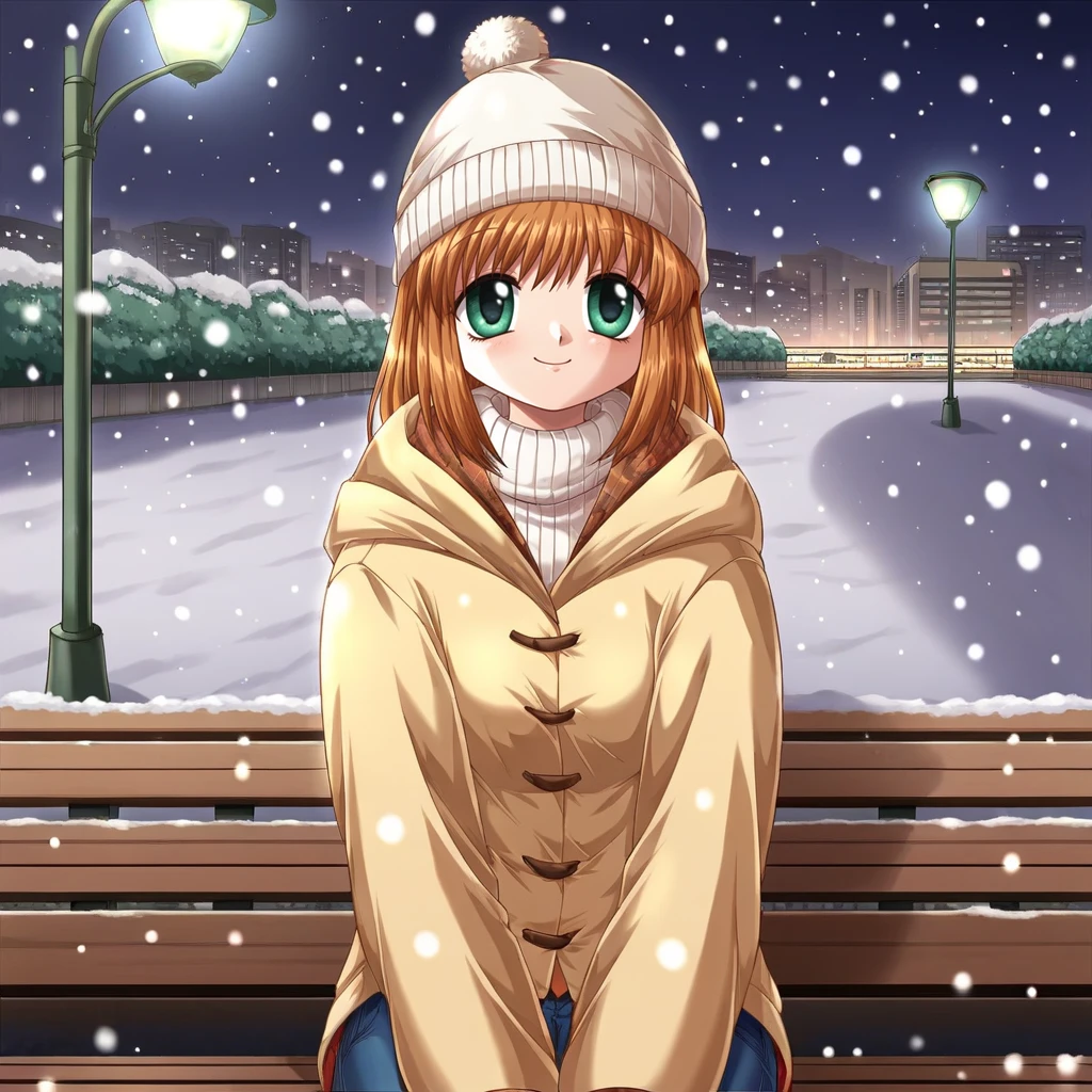 score_9,  woman, solo, <lora:Hinoue_Itaru_Artstyle_-_PonyXL:1>  city park, bench, snow, snowing, smile, winter clothing