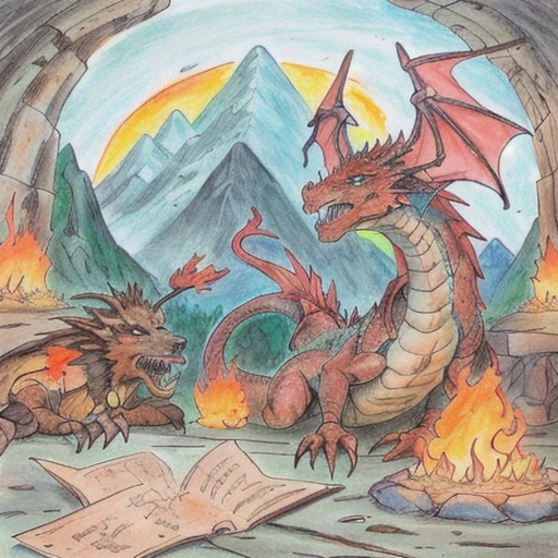 armok, traditional media, dragon, flames, treasure, adventurers, mountain hall,