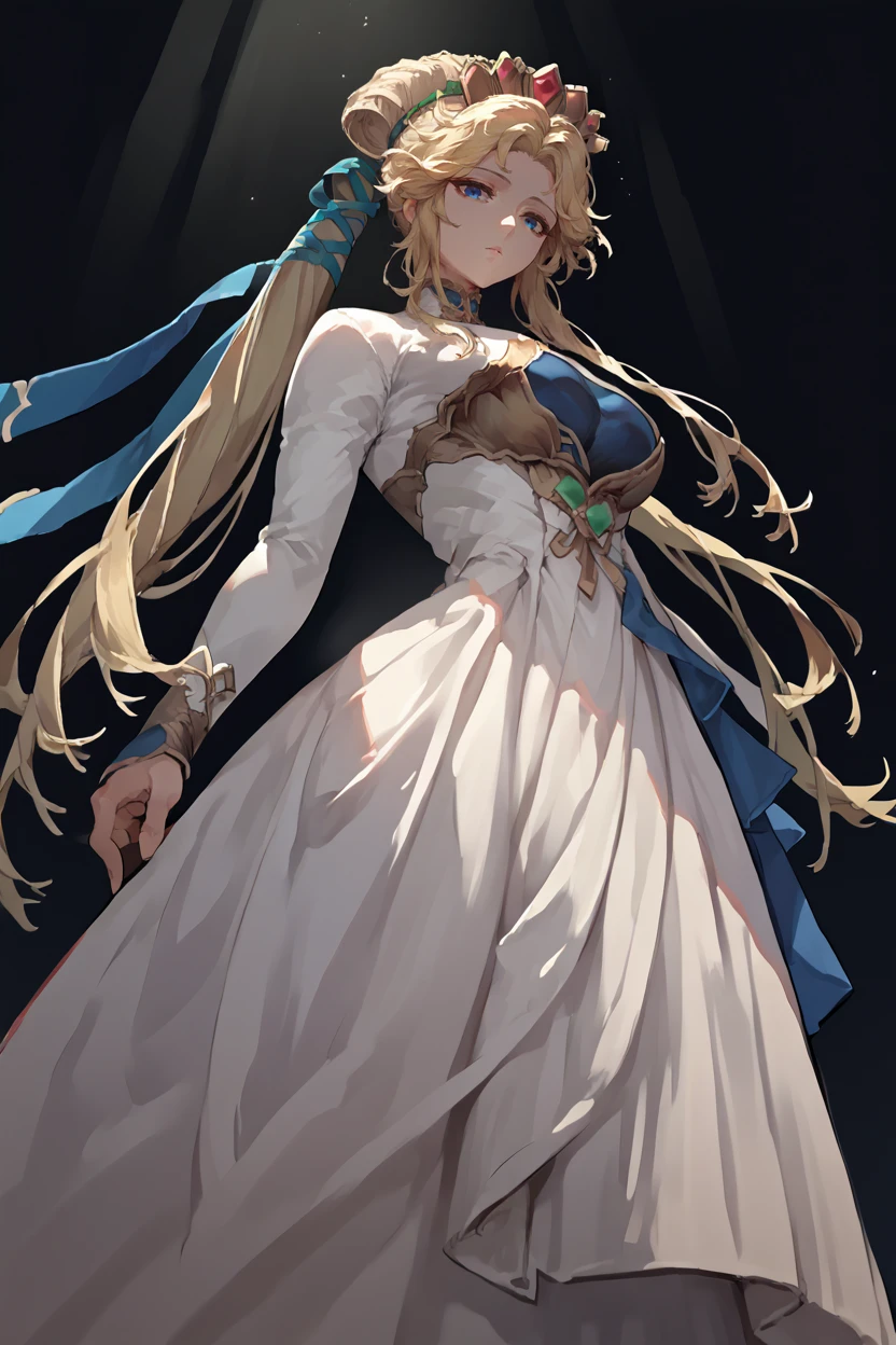 score_9, score_8_up, score_7_up, score_6_up, source_anime, 1girl, solo,  <lora:fenyna-pdxl-nvwls-v1-000005:1> fenyna, blonde hair, hair ribbon, crown, white dress, long dress, long sleeves, large breasts, black background, looking at you, from below, illuminated face, spotlight