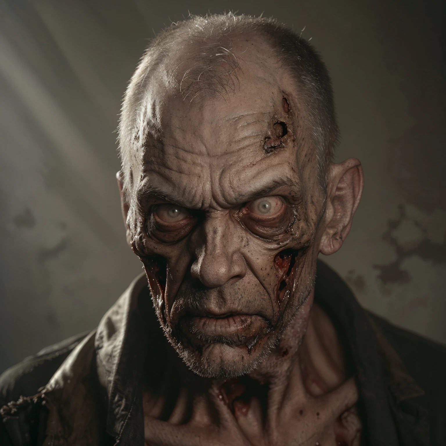 a Russian, 60Yo male with a Rectangle shaped face, Defined features,Muscled body ZsTheUndead, raw photo, burned zombie, dead eyes, blood, gaping mouth, rotten teeth, biting, ripped clothing, decomposed <lora:ZsTheUndead2:1>, awe-inspring, super detailed perfectly centered concept art,15360 x 8640 pixels, HDR, sharp focus, Theatrical lighting, in the style of Simon Bisley, J.C. Leyendecker and Norman Rockwell artstyle