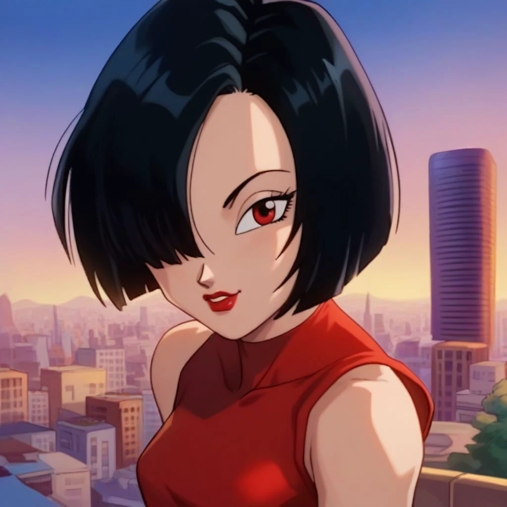 score_9, score_8_up, score_8, 
BREAK,
1girl, outdoors, ((nighttime, dark)), city, lipstick, lips, hair over one eye, red eyes, black hair, bob cut, red dress,  body portrait,  
looking at viewer, 
dbz_cc,