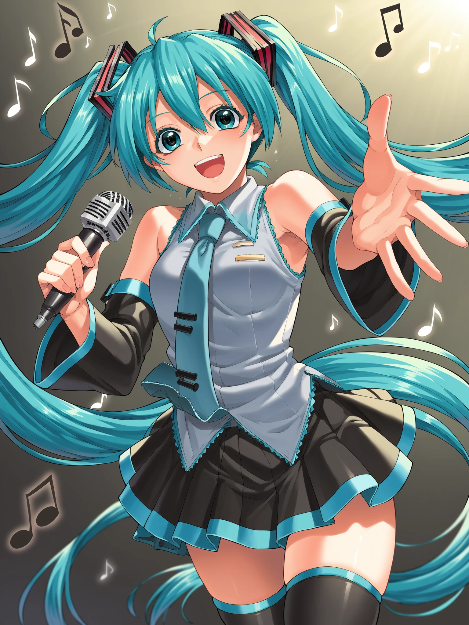 score_9, score_8_up, score_7_up, score_6_up, source_anime, <lora:Nobutoshi_Style_2003_Pony_v1:1>, detailed face, detailed eyes, hatsune miku, (singing, performance, holding microphone:1.3), smiling, open mouth, looking at viewer, long eyelashes, thick eyelashes, floating hair, cowboy shot, sleeveless, reaching, foreshortening, pov, twintails, hair between eyes, bangs, skirt, zettai ryouiki, thighs, thighhighs, black skirt, detached sleeves,