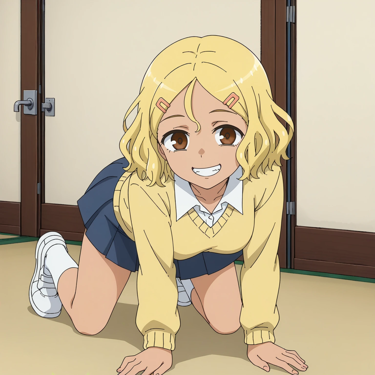 <lora:SakuraXLpony001>,
grin,
solo,
Sakura,1girl,blonde hair,short hair,hairclip,brown eyes,tan,
white shirt,yellow sweater,
blue skirt,
full body,all fours,