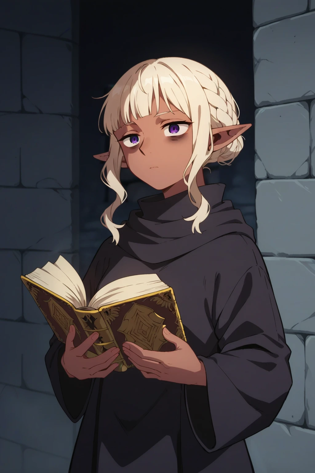 score_9, score_8_up, score_7_up, source_anime, 1girl, prefect lighting, very aesthetic, intricate details, highly detailed background, masterpiece, high quality, prefect hands, best quality, solo,
<lora:Thistle_Dungeon_Meshi_V1_r2-000007:.85>, pointy ears, light red skin, dark-skinned female, dark skin, purple eyes, cream hair, blunt bangs, sidelocks, braid, hair bun, bags under eyes, 
black robe, black poncho, 
tired, standing, holding book, open book,
dungeon, stone wall, dark, candles, dimly lit,
(Beautiful, small Breasts:1.2), natural breasts,