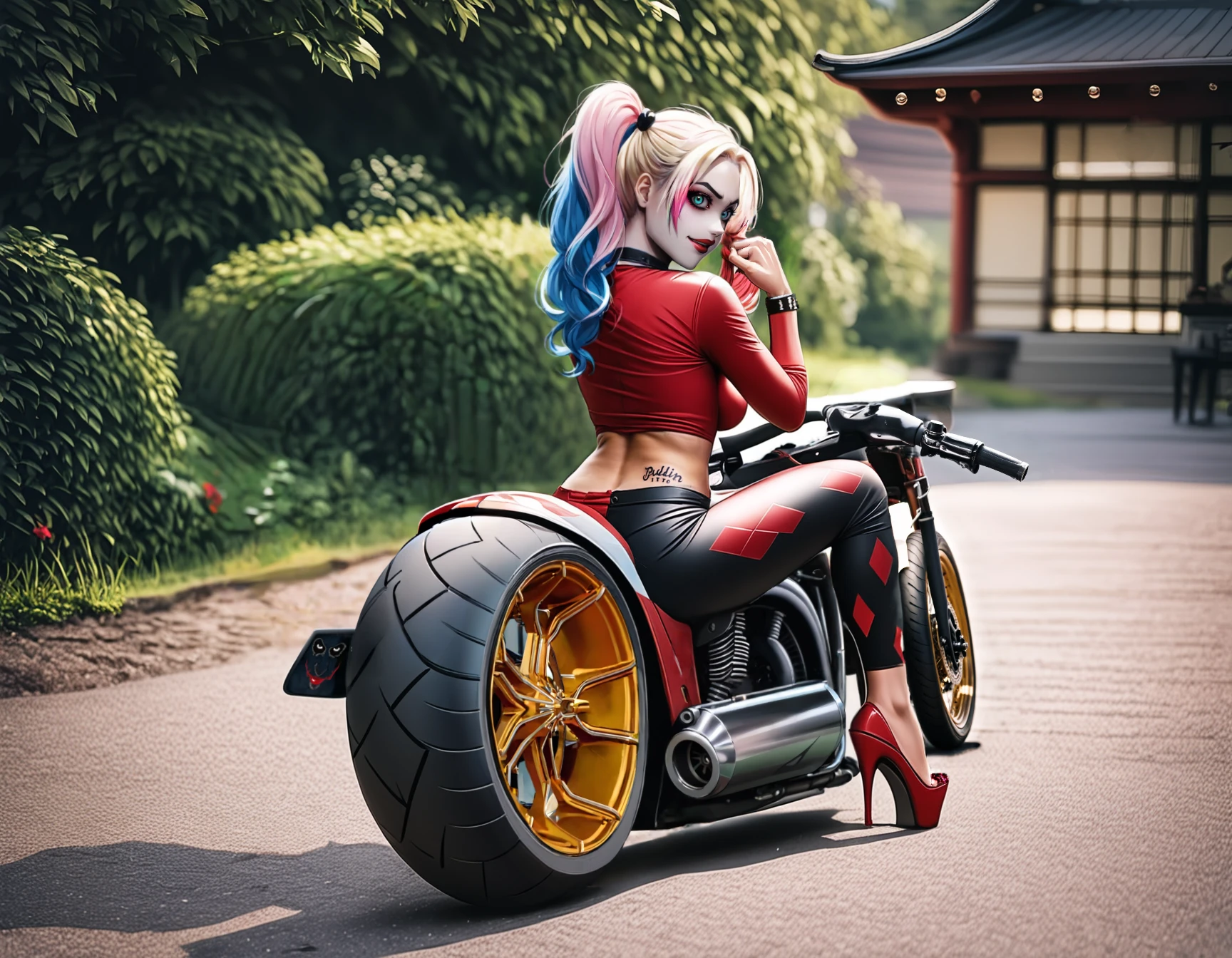 score_9, score_8_up, score_7_up, score_6_up, score_5_up, score_4_up,  
source: illustration,harley quin,driving a thunderbike, motorbike,expressive,from behind,full body,big boobs,slim waist, seductive pose,beautiful,wearing a harley quin outfit, hot pants,high heels,white pink and blue colored hair,pretty,at a japanese garden,outside, highly detailed, intricate details, digital art, perfect anatomy, perfect proportions, 4k, (dynamic pose:1.25),