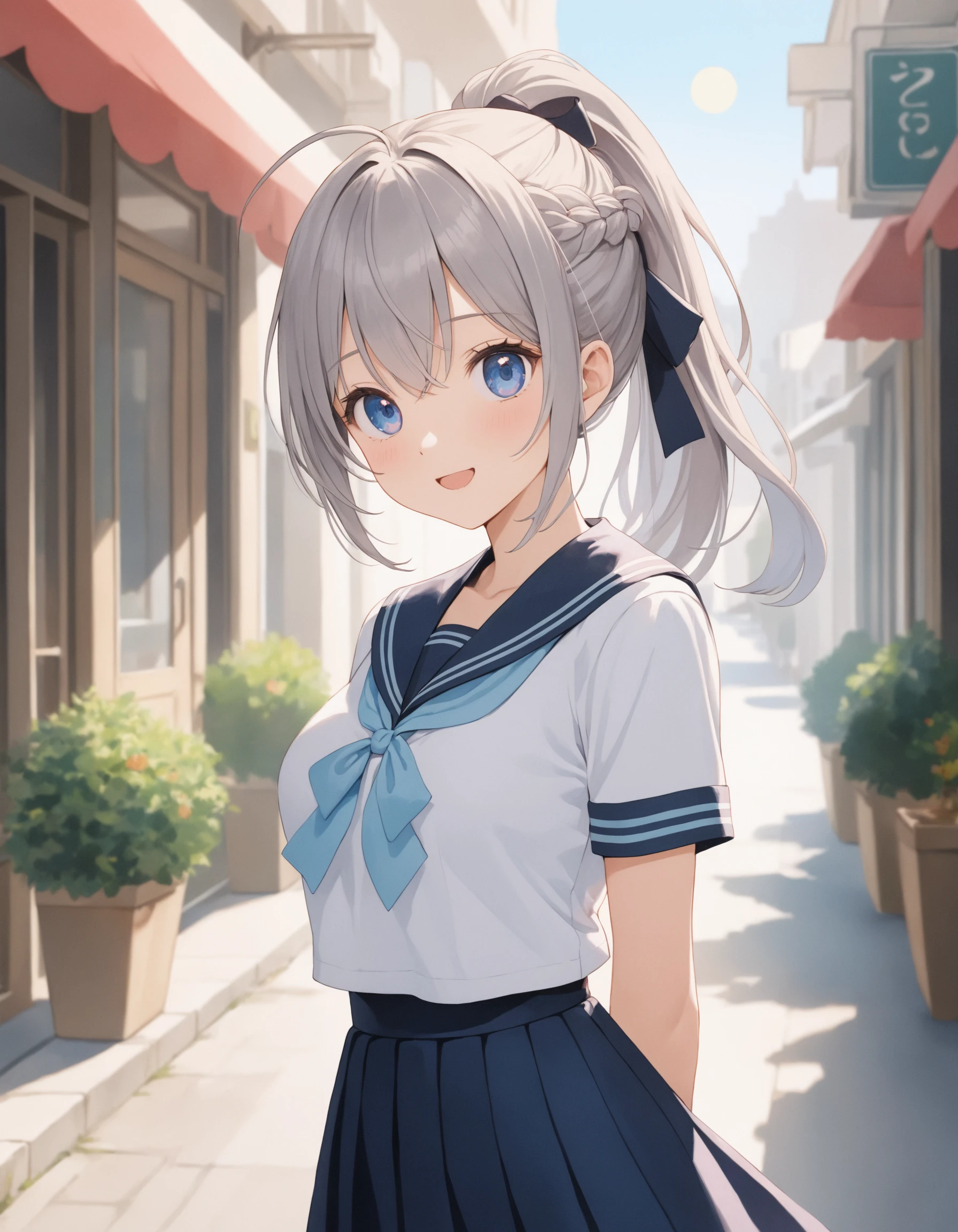SceneDescription: - Composition: Upper body shot. Shooting from front. - Subject: A cute girl. - Characteristics: - Face: (Cute round face:1.1). - Eyes: Detailed dark-blue eyes. - Hair: Long wavy high (ponytail:1.2) with big ribbon hair ornament, (gray hair), (gray inner hair), left side french braid, ahoge and hair between eyes. - Body: Detailed slender body. Large breasts. - Clothing: School uniform, navy sailor collar, short sleeves and navy pleated skirt. - Expression: Amused expression. Open mouth. - Posing: (Arms behind back:1.2). Head tilt. Looking at viewer. - Background: Fashionable cafe street. - Elements: Decorative plants. Blue sky. Lens flare. Time: Daytime. Lighting: (Natural lighting:1.4). ArtStyle: Watercolor. Traditional media. Blurry. Pale pastel colors. Quality: Intricate details. Extremely detailed. Outstanding intricacies. (Masterpiece:1.2). (Best quality:1.2). (Absurdres absolutely resolution:1.4). Mood: Pastel atmosphere. <lora:flat_sdxl:0.2>