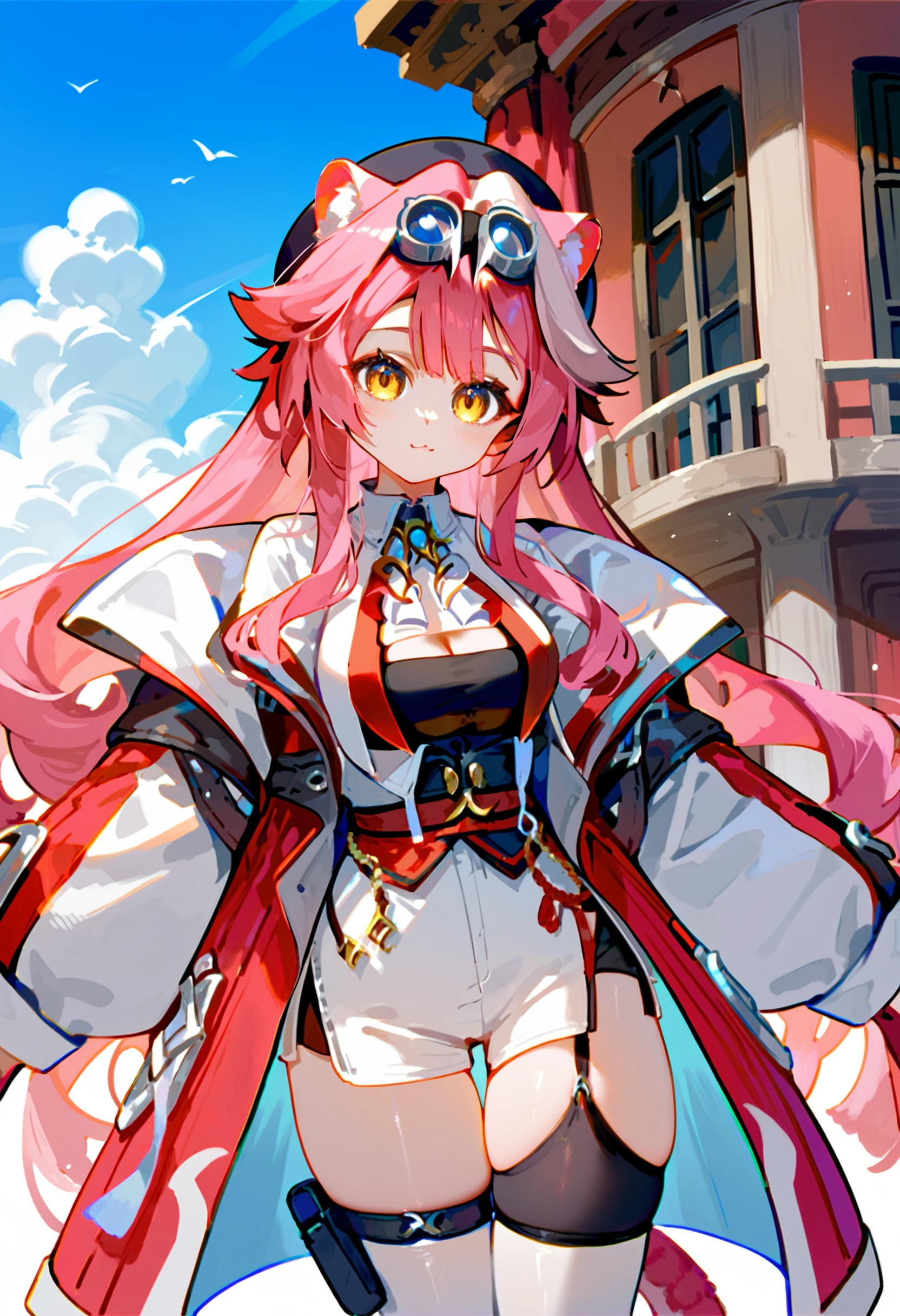 score_9, score_8_up, score_7_up, score_6_up, rating_safe
<lora:KitsuneAi_RaoraPanthera-XL_DoRA-V1:1> raora, 1girl, long hair, animal ears, hat, cat ears, tail, white thighhighs, goggles, long sleeves, garter straps, thigh strap, goggles on head, cleavage, coat, cowboy shot, sky
BREAK