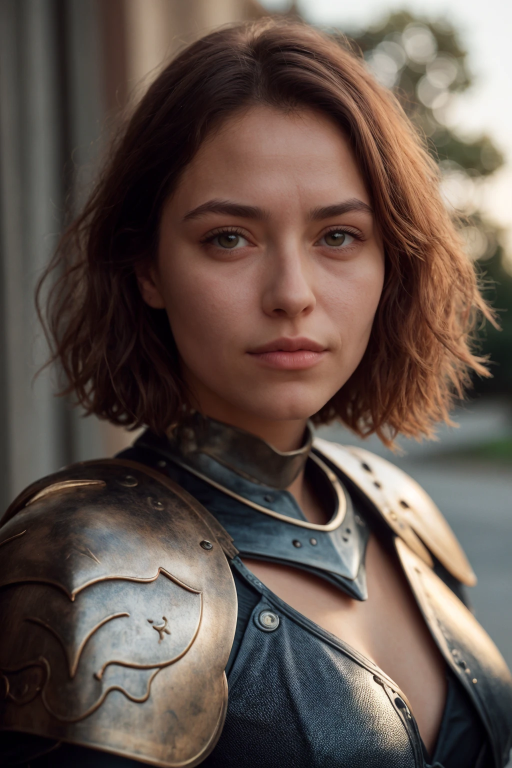 portrait of an hispanic woman with curly auburn hair, wearing a breastplate armor, and iron gauntlet. (parted lips:1.3), She stands against a backdrop of soft, golden evening sunlight, casting a gentle warmth on her features. <lora:[VG]_-_Ezmeralda_DAvenir_v2:1>, RAW candid cinema, 16mm, color graded portra 400 film, remarkable color, ultra realistic, textured skin, remarkable detailed pupils, realistic dull skin noise, visible skin detail, skin fuzz, dry skin, shot with cinematic camera