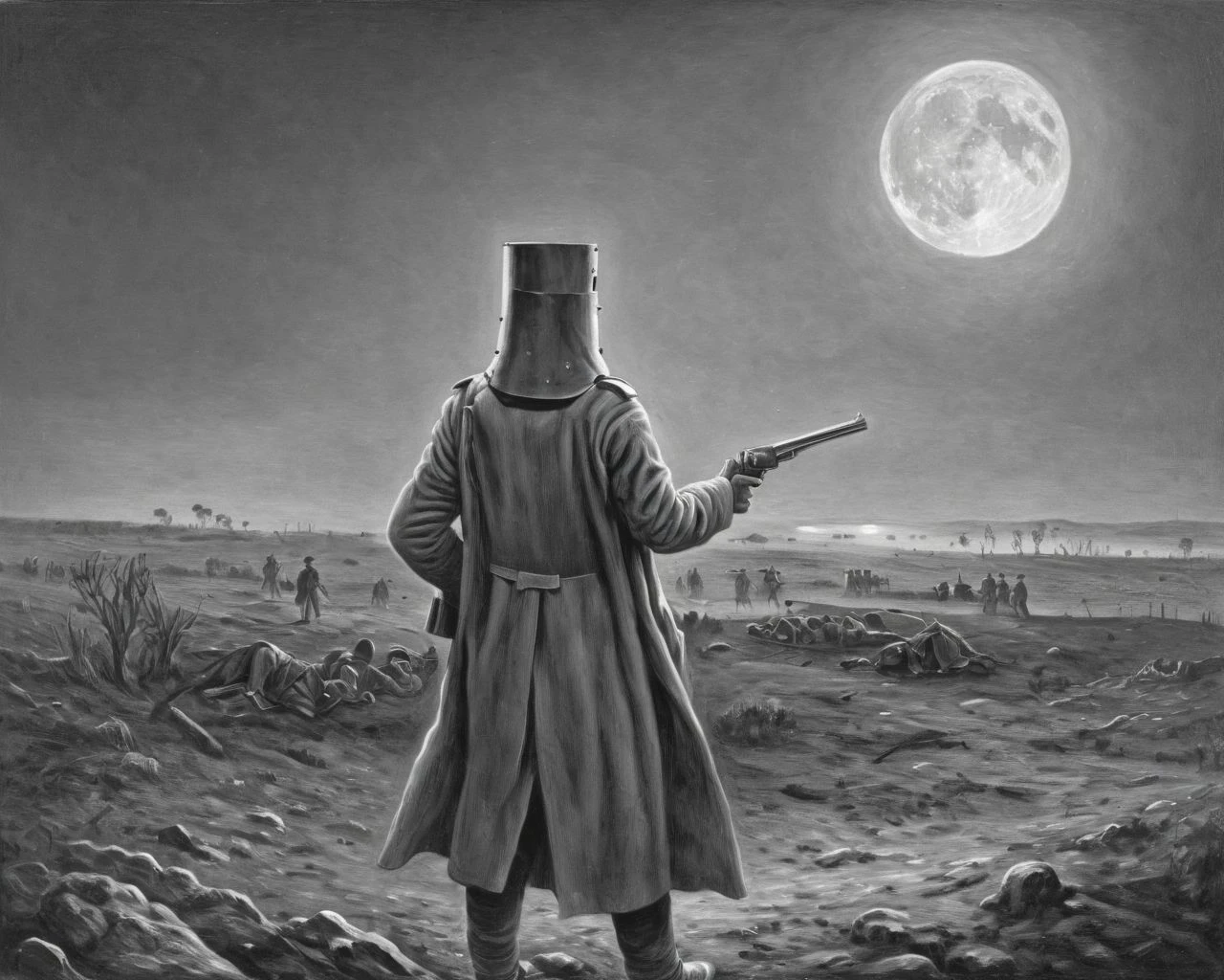 <lora:nedkelly_e10_r4_xl:0.8>,
nedkelly, a man in a battlefield, wearing trench coat, helmet, makeshift armor, lit by moonlight at night, 19th century australia, holding revolver, from behind, greyscale, oil painting,