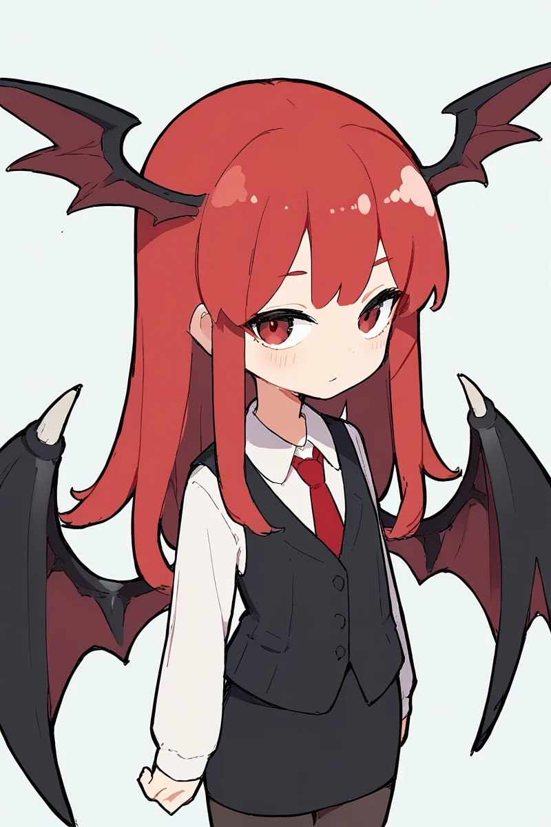 score_9, score_8_up, score_8, score_9, 1 girl,  source_anime,  <lora:koakuma_pony-10:1>, koakuma, red hair, red eyes, wings, head wings, black vest, black skirt, white shirt, red tie, sexy, straight hair, black pantyhose,   <lora:Eiken3kyuboy_Artist_Style_ponyXL-000018:0.8>