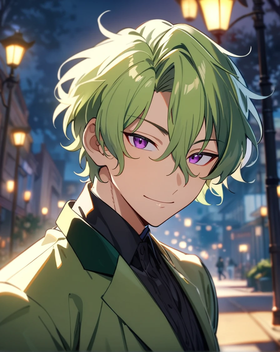 1boy, solo, male only, male focus, portrait, upper body, <lora:hiyori_tomoe_sdxl_lora:1>, (tomoe hiyori, green hair, short hair, hair between eyes, bangs, purple eyes), suit, dress pants, outdoors, looking at viewer, masterpiece, best quality, very aesthetic, absurdres, very detailed, sensitive, <lora:Lightning-8:0.5>