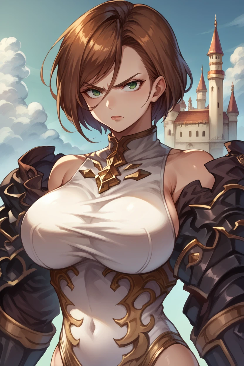 score_9, score_8_up, score_7_up, score_6_up, source_anime, 1girl,   <lora:gbfbk-pdxl-nvwls-v1-000005:1> gbfBK, short hair, brown hair, green eyes, bare shoulders, white leotard, detached sleeves, bracers, white thighhighs, armored boots, upper body, big breasts, serious, blue sky, clouds, castle walls, looking at you